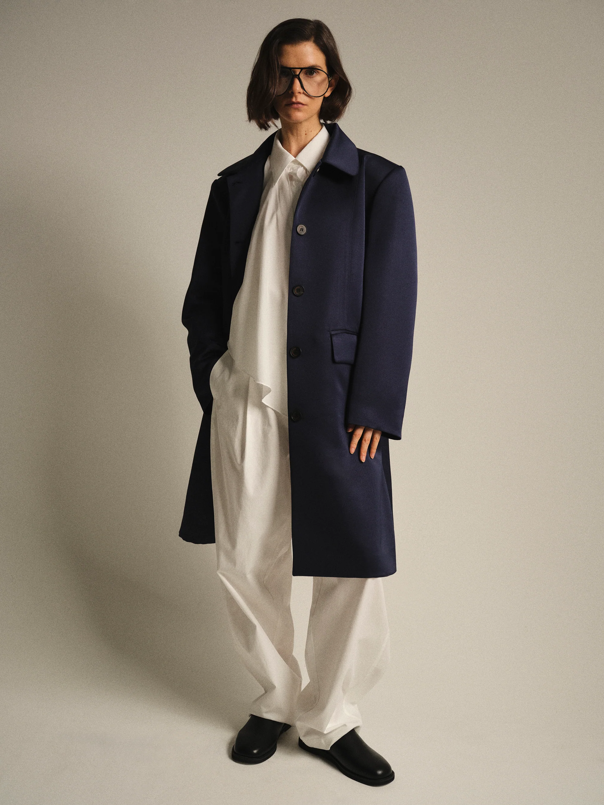 Single-Breasted Satin Coat, Navy - Image 4