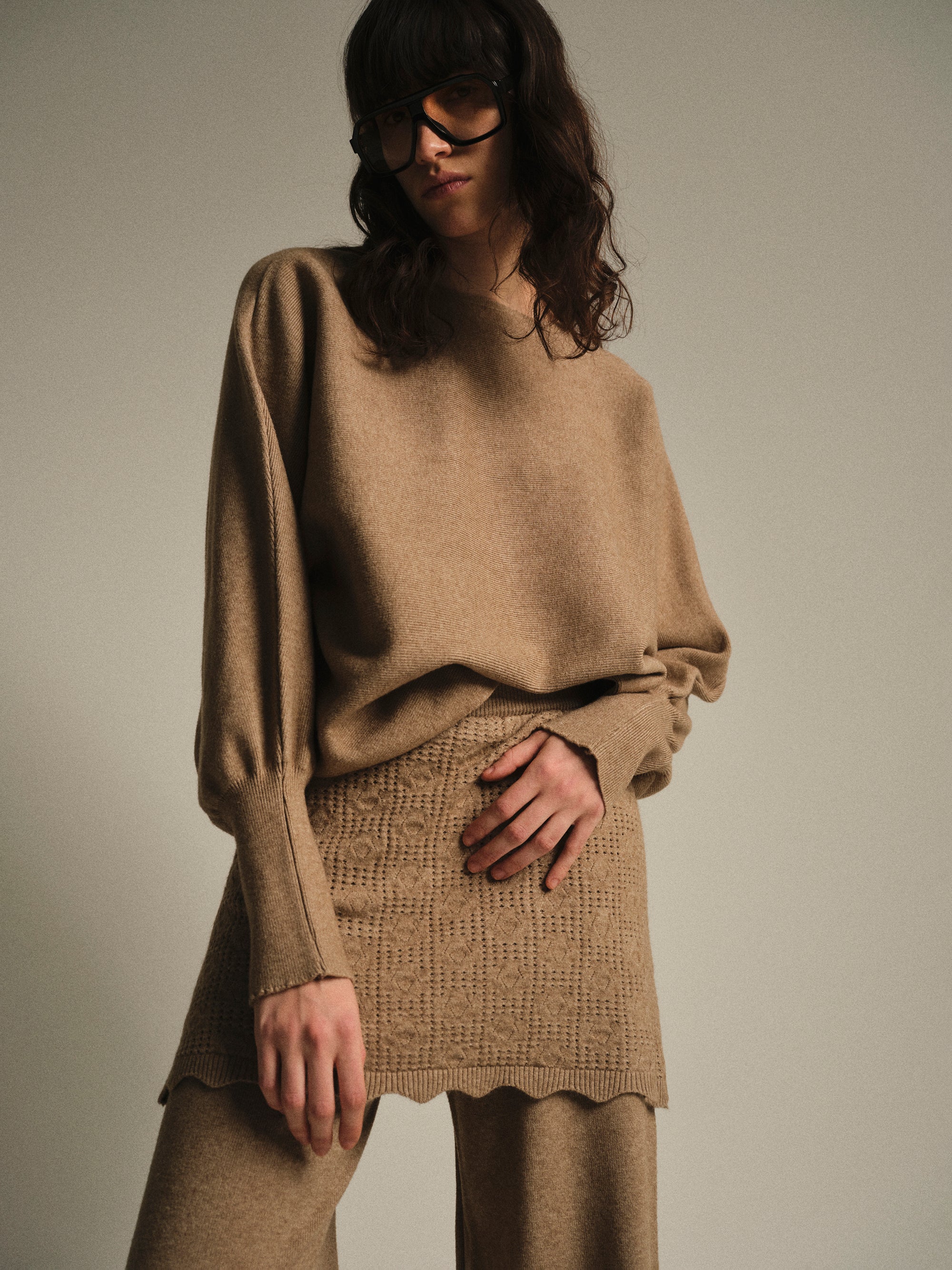 Skirt-Overlay Knit Set, Mocha - Image 6