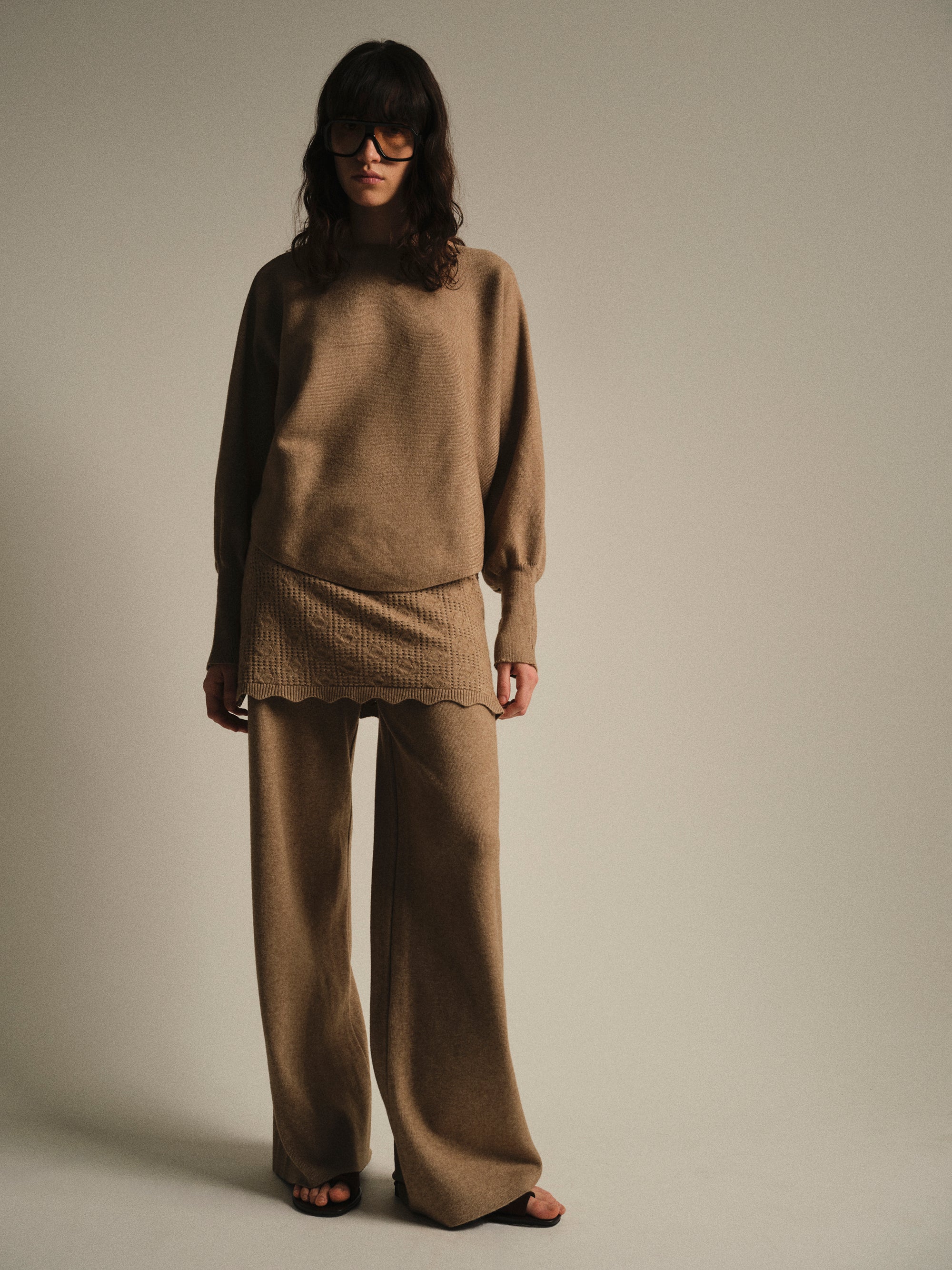 Skirt-Overlay Knit Set, Mocha - Image 7