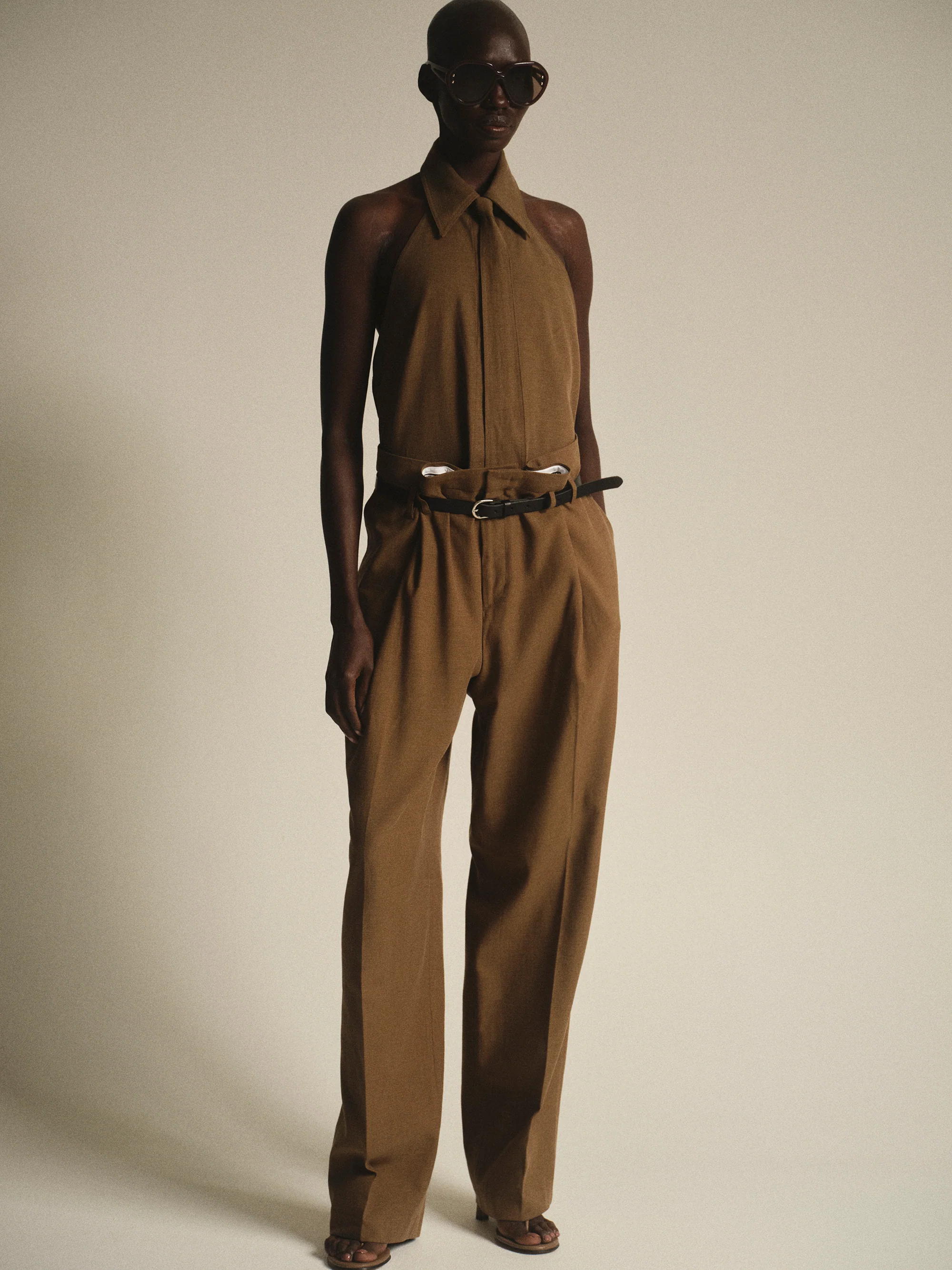Sleeveless Neck Tie Shirt, Brown