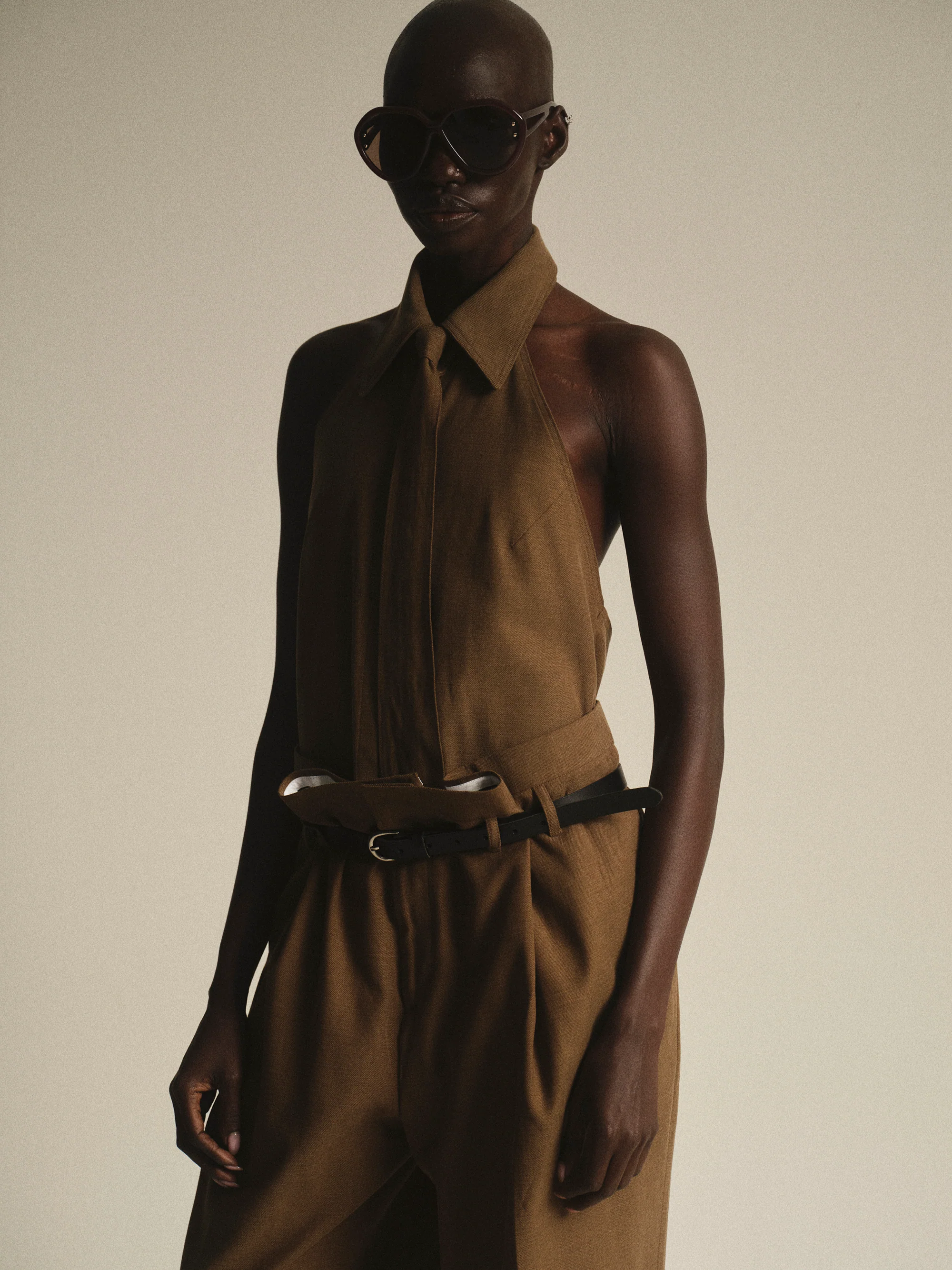 Sleeveless Neck Tie Shirt, Brown - Image 2
