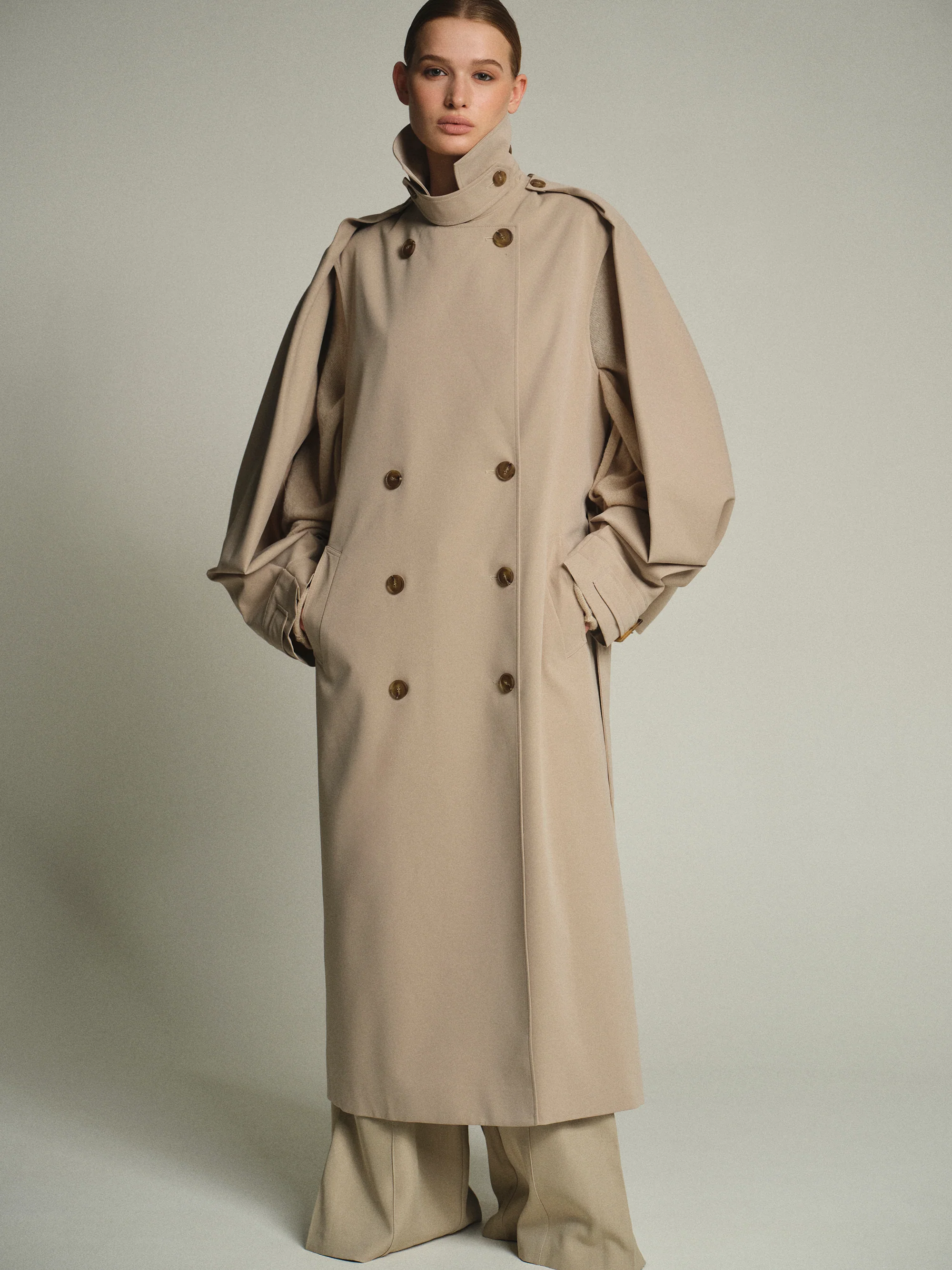 Slit Sleeve Trench Coat, Beige - Image 3