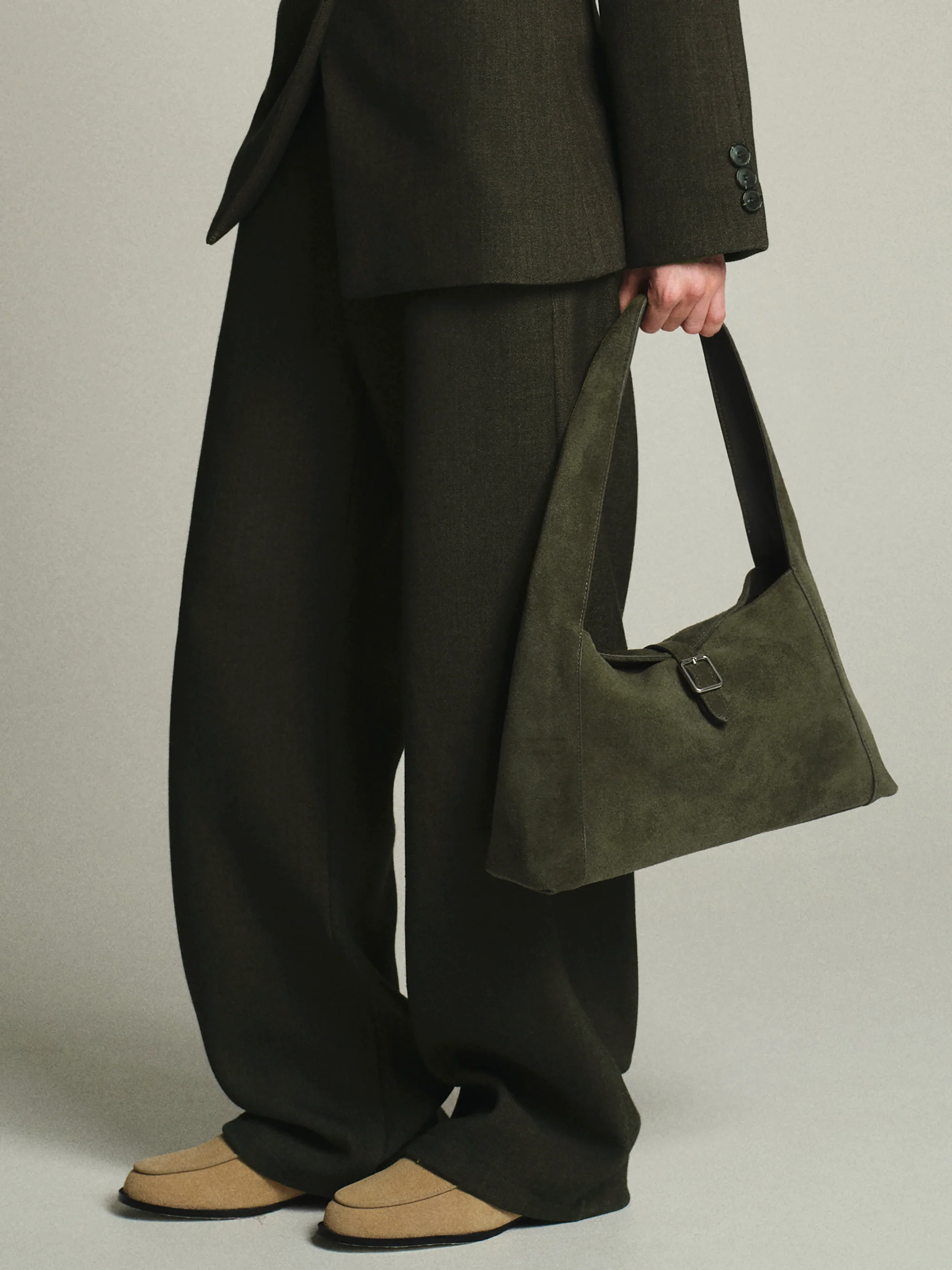 Slouchy Suede Shoulder Bag, Olive - Image 6