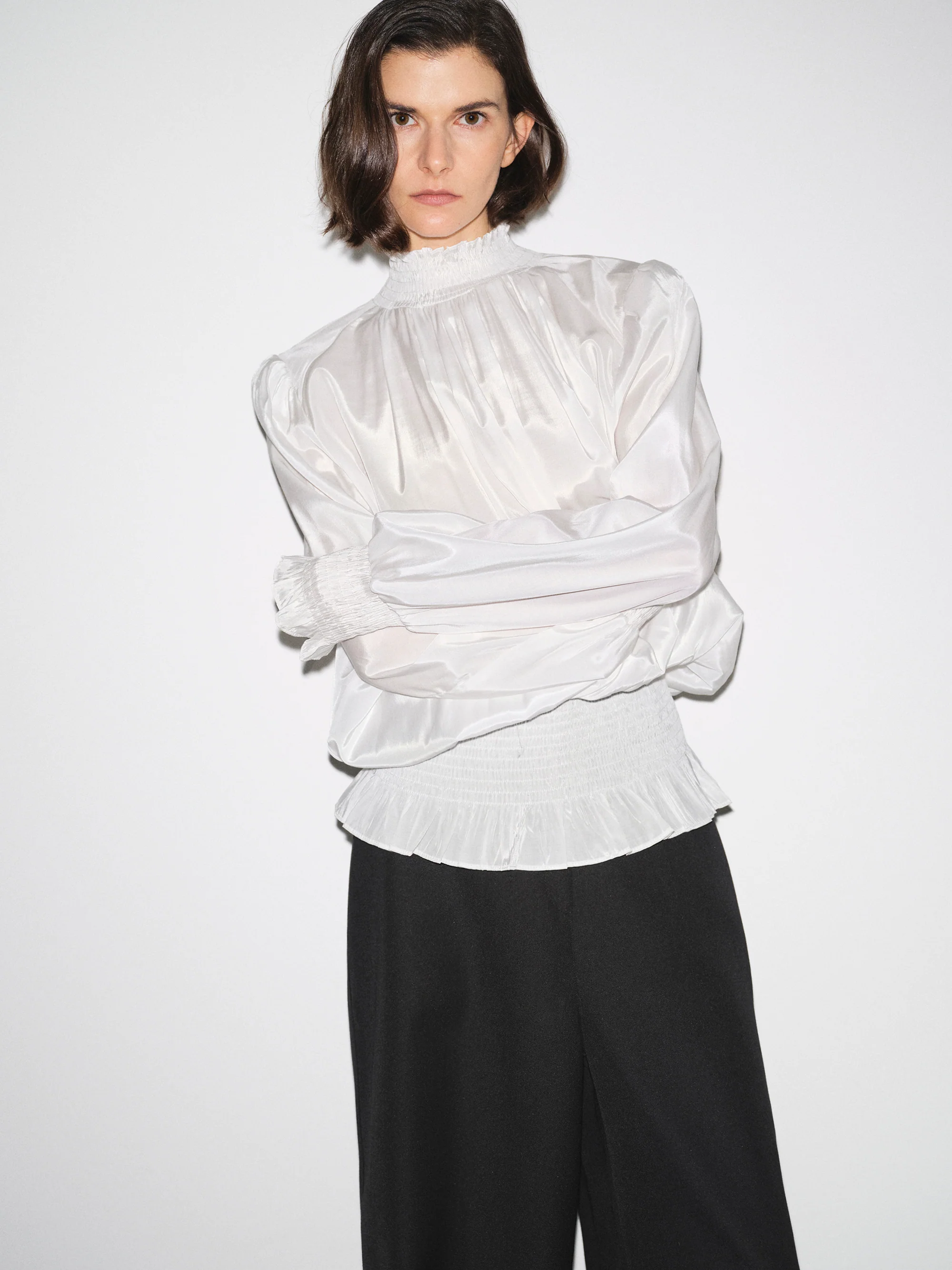 Smocked High-Neck Blouse, Ivory - Image 3