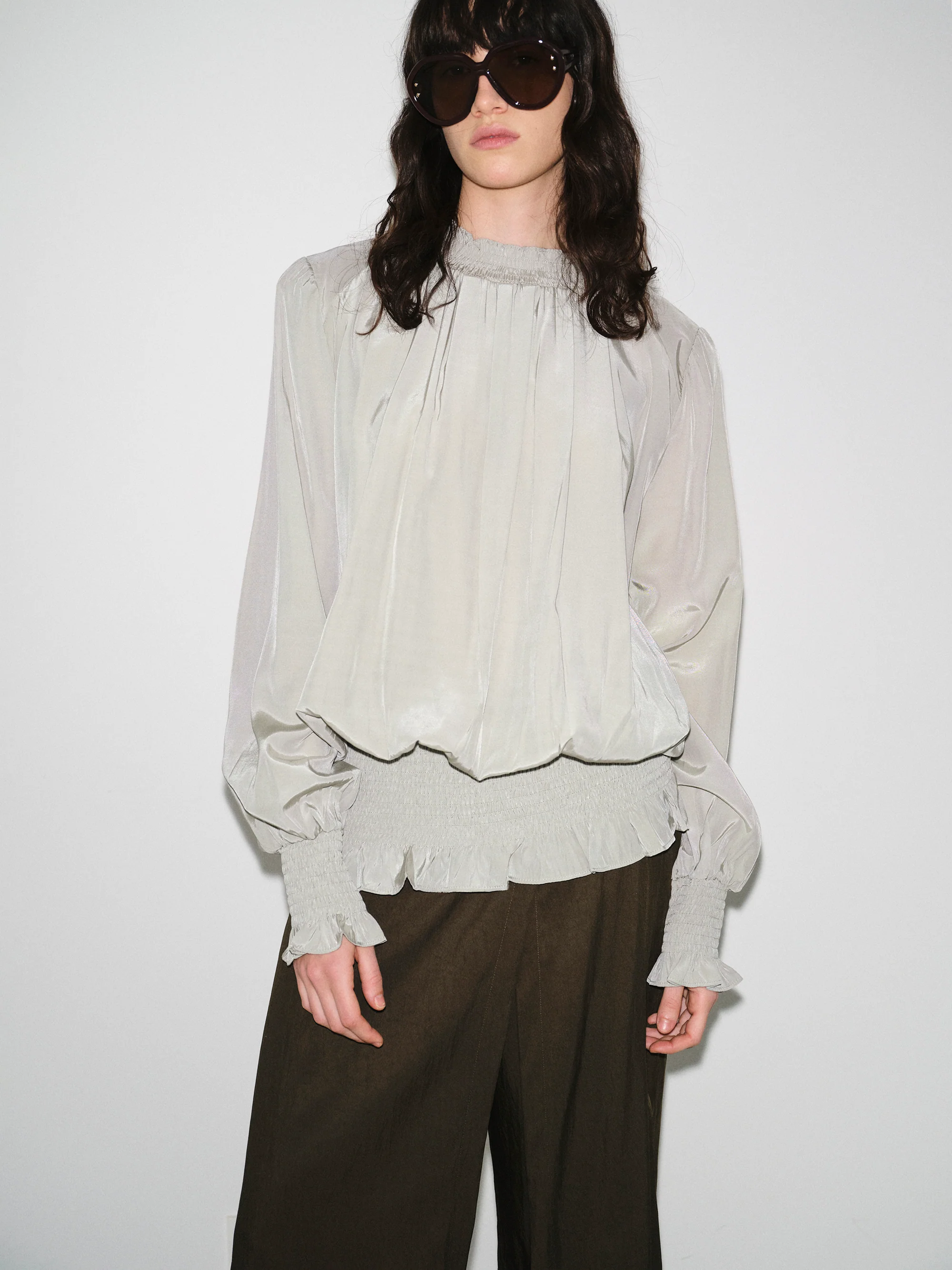 Smocked High-Neck Blouse, Khaki