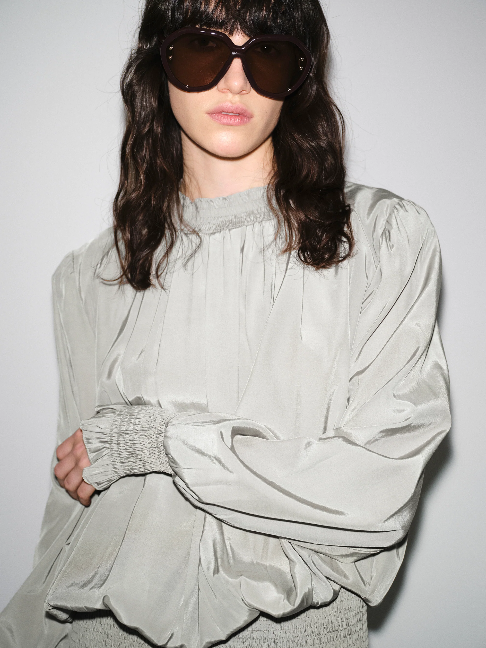 Smocked High-Neck Blouse, Khaki - Image 2