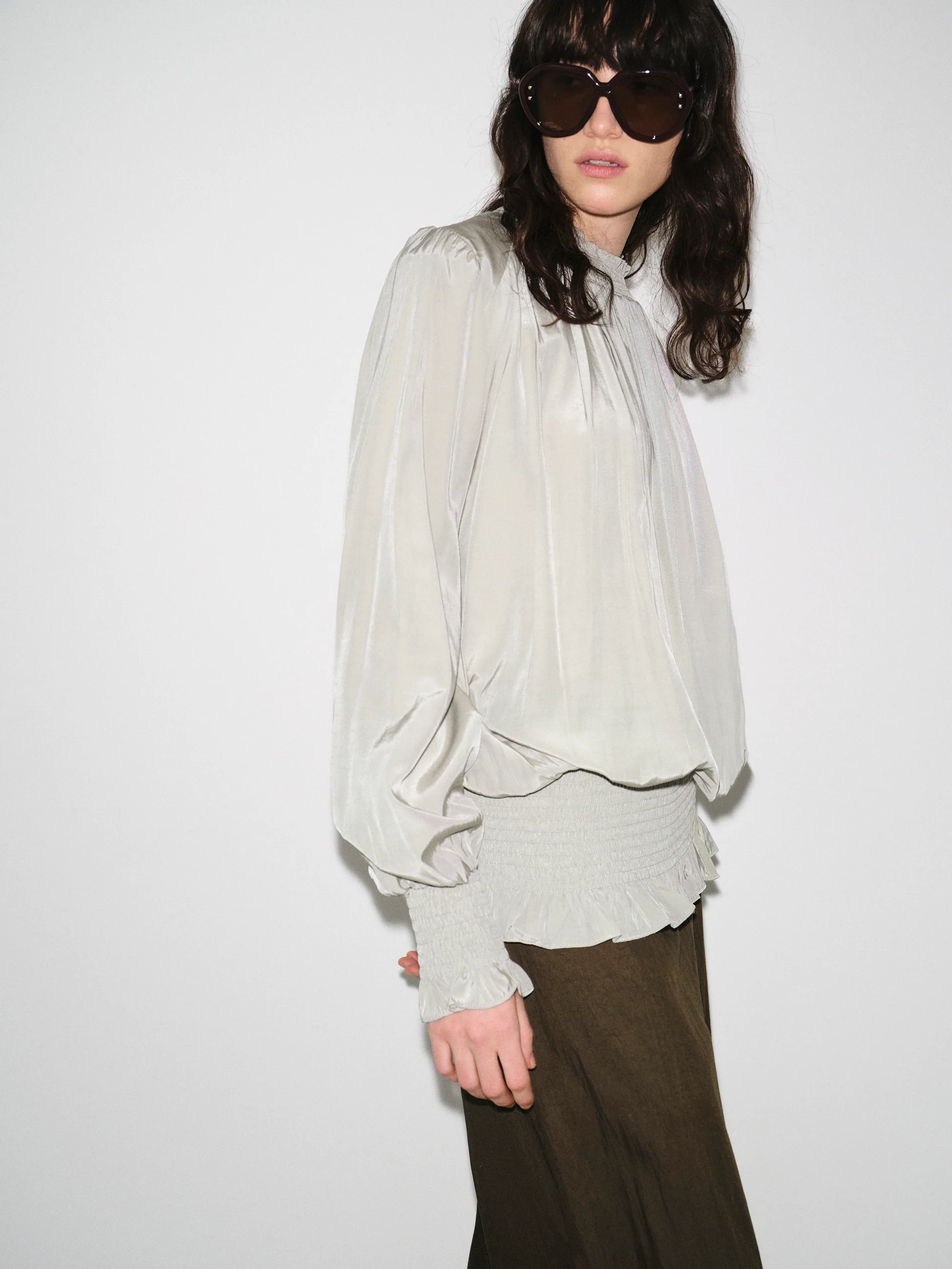 Smocked High-Neck Blouse, Khaki - Image 3