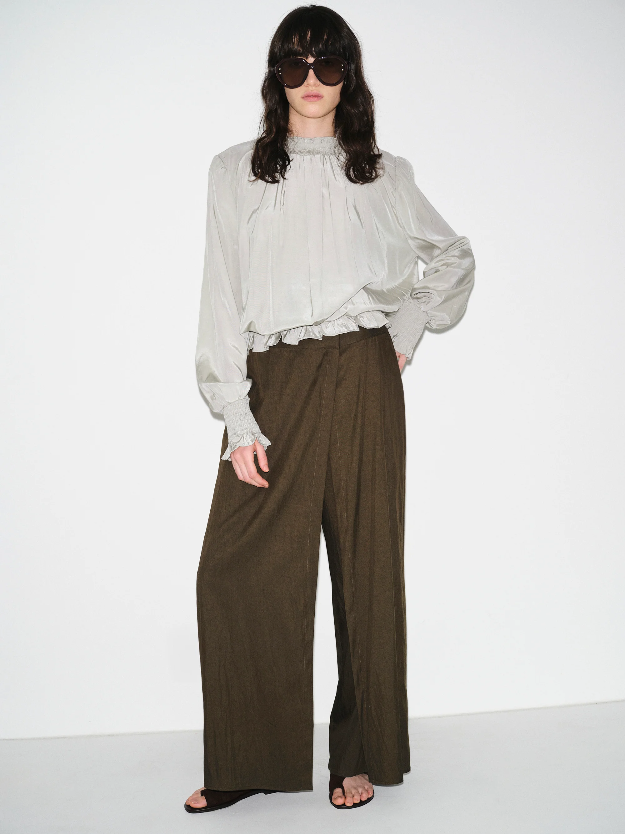 Smocked High-Neck Blouse, Khaki - Image 4