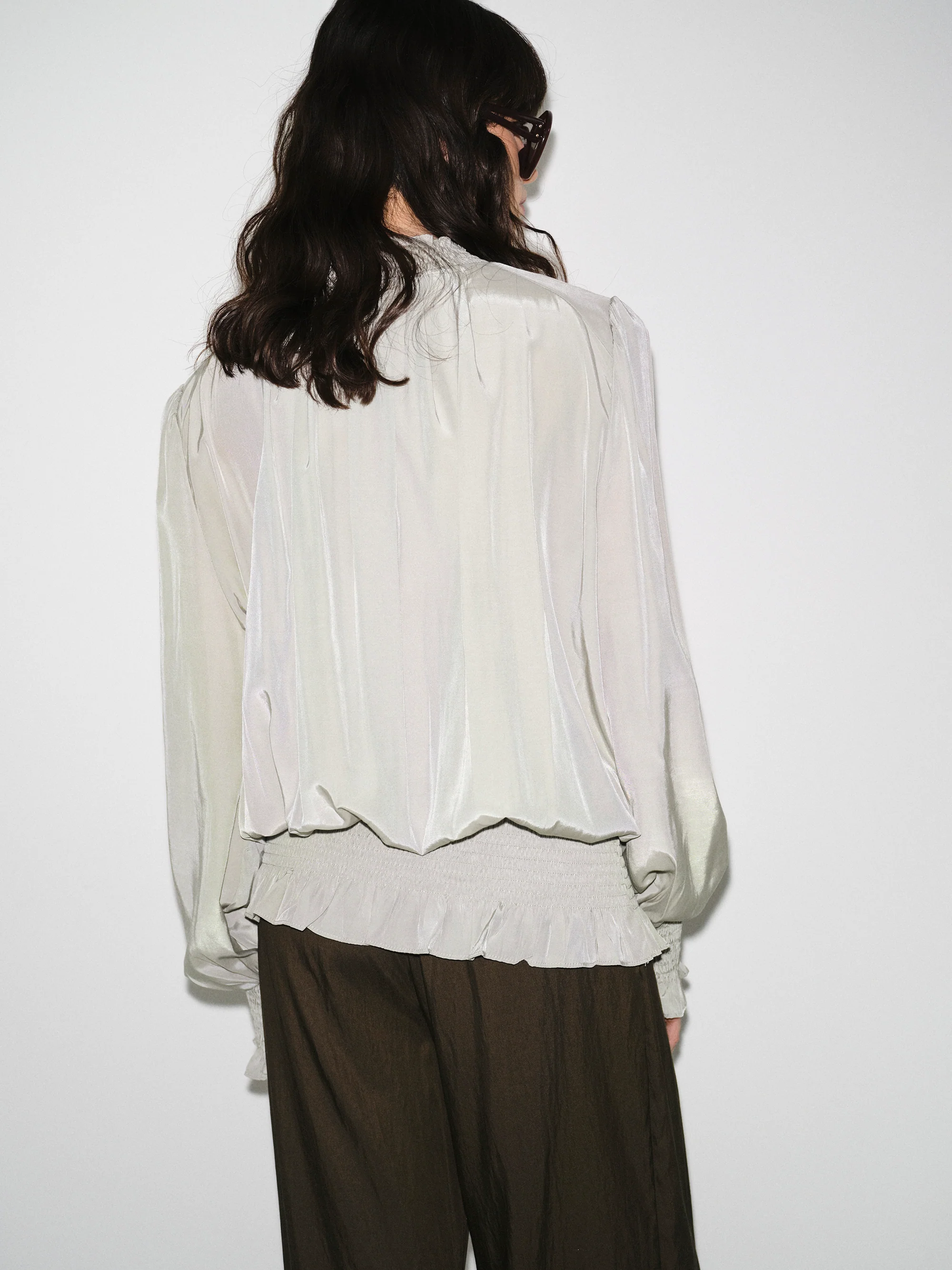 Smocked High-Neck Blouse, Khaki - Image 5