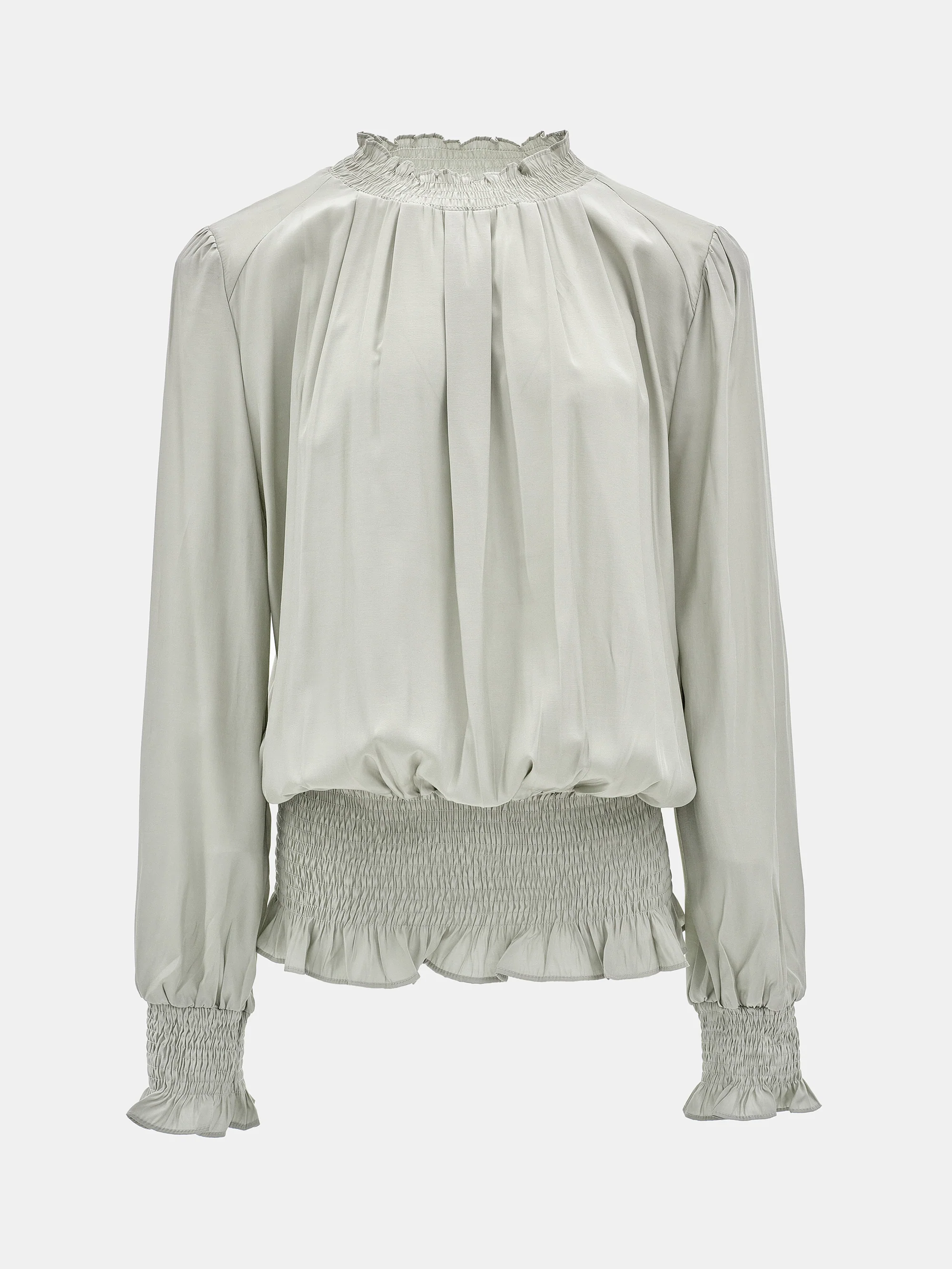 Smocked High-Neck Blouse, Khaki - Image 6