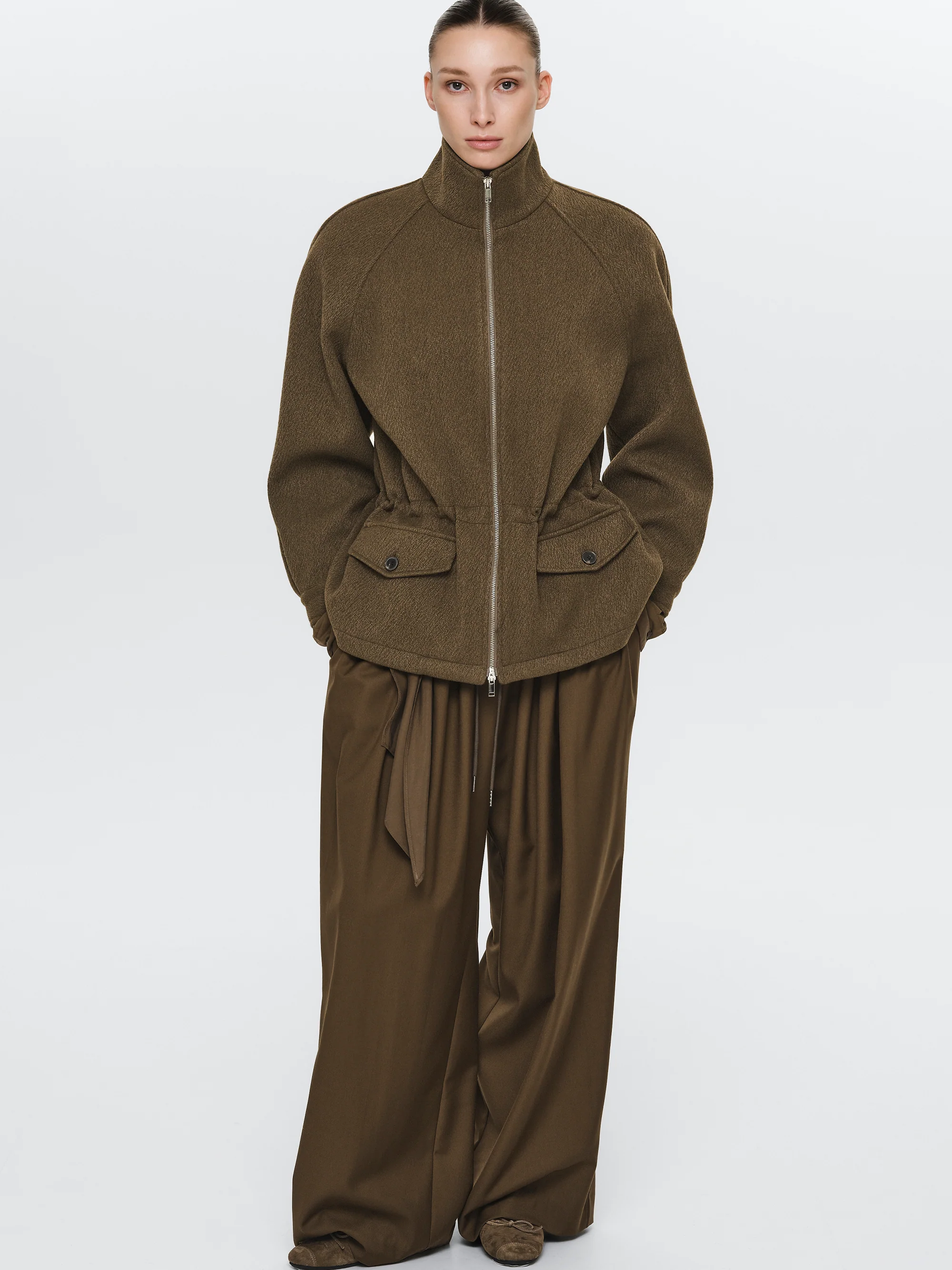 Stand Collar Field Wool Jacket, Brown