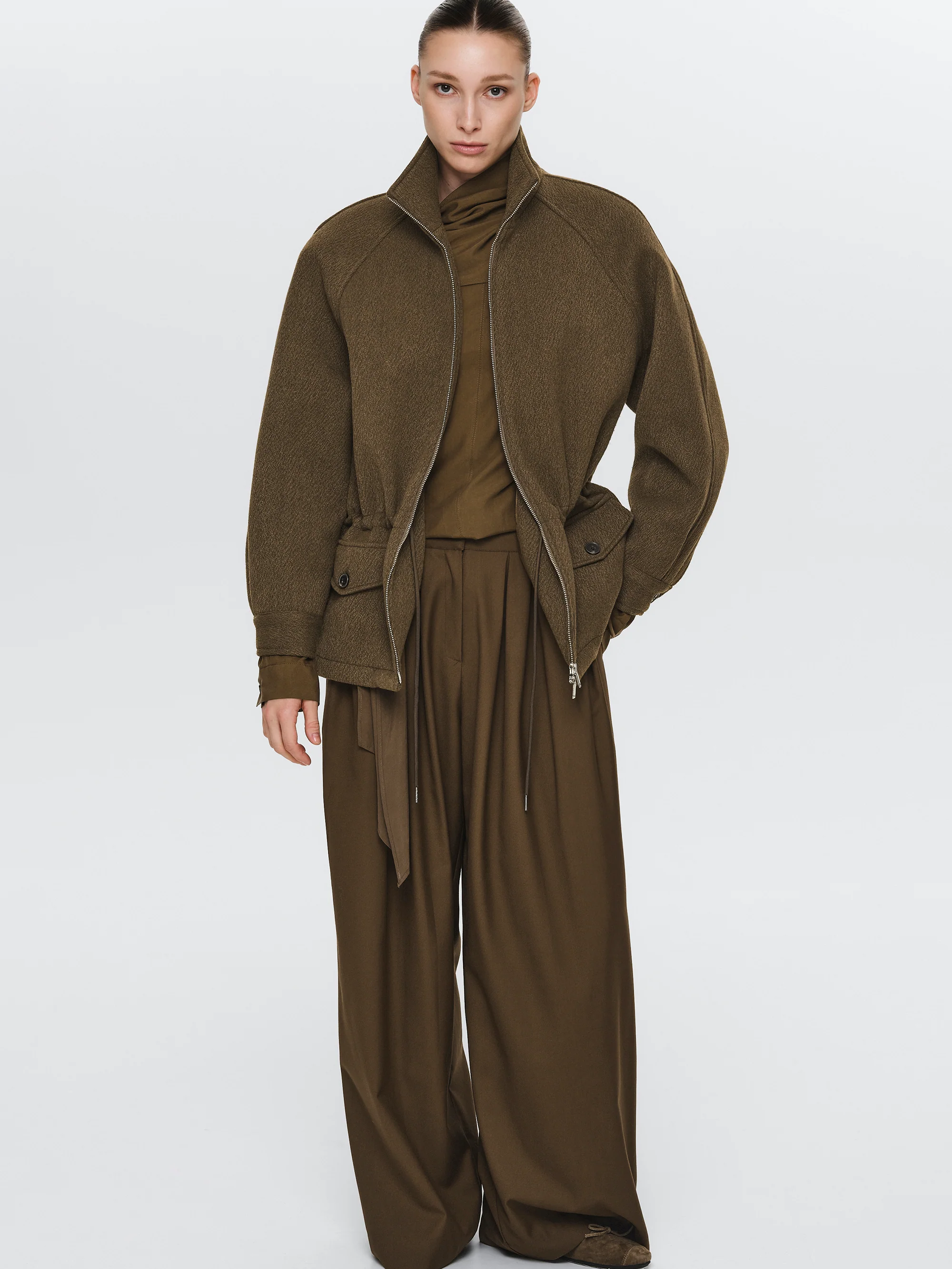 Stand Collar Field Wool Jacket, Brown - Image 2