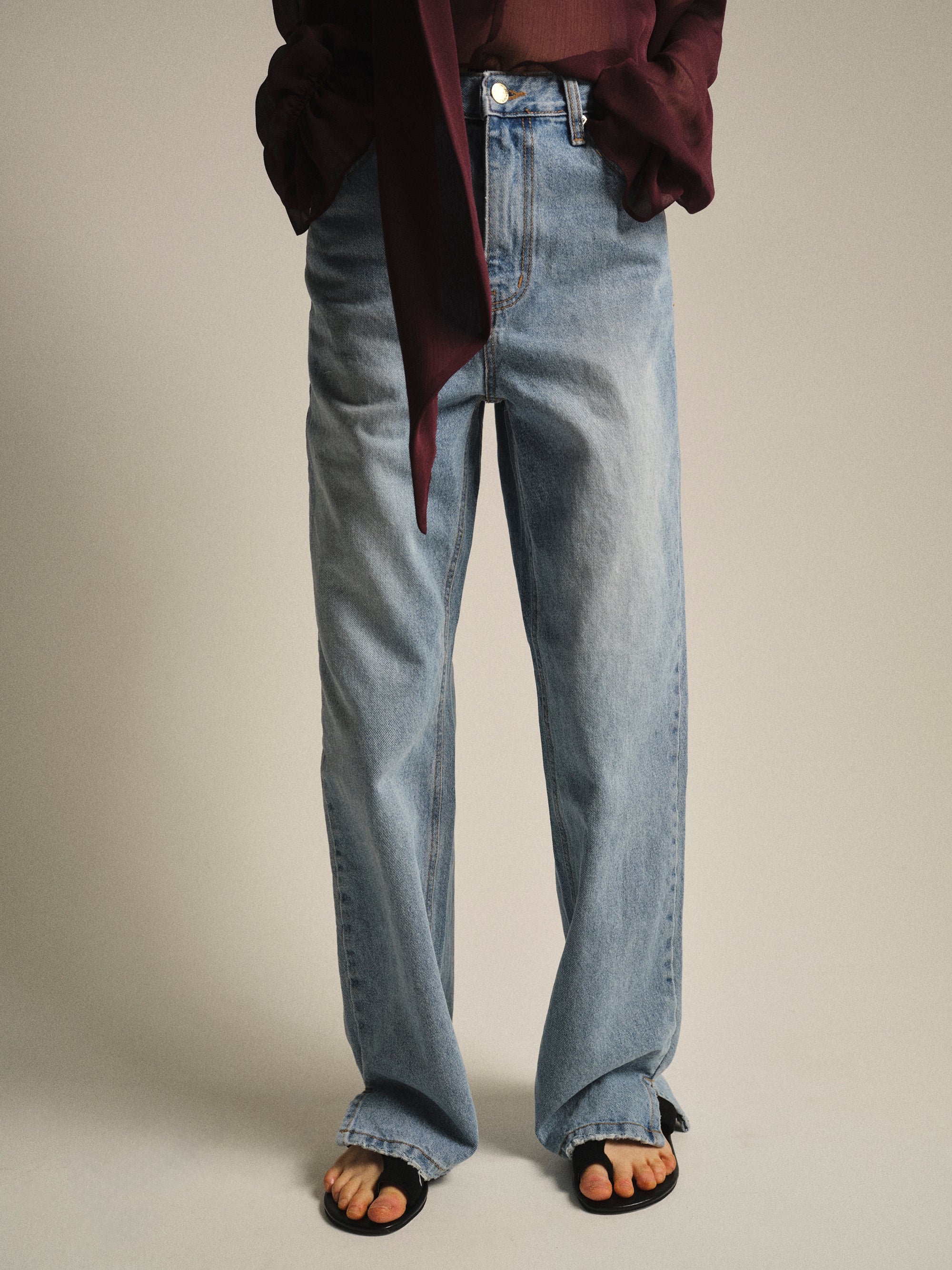 Straight-Leg Side Slit Jeans, Light Blue
