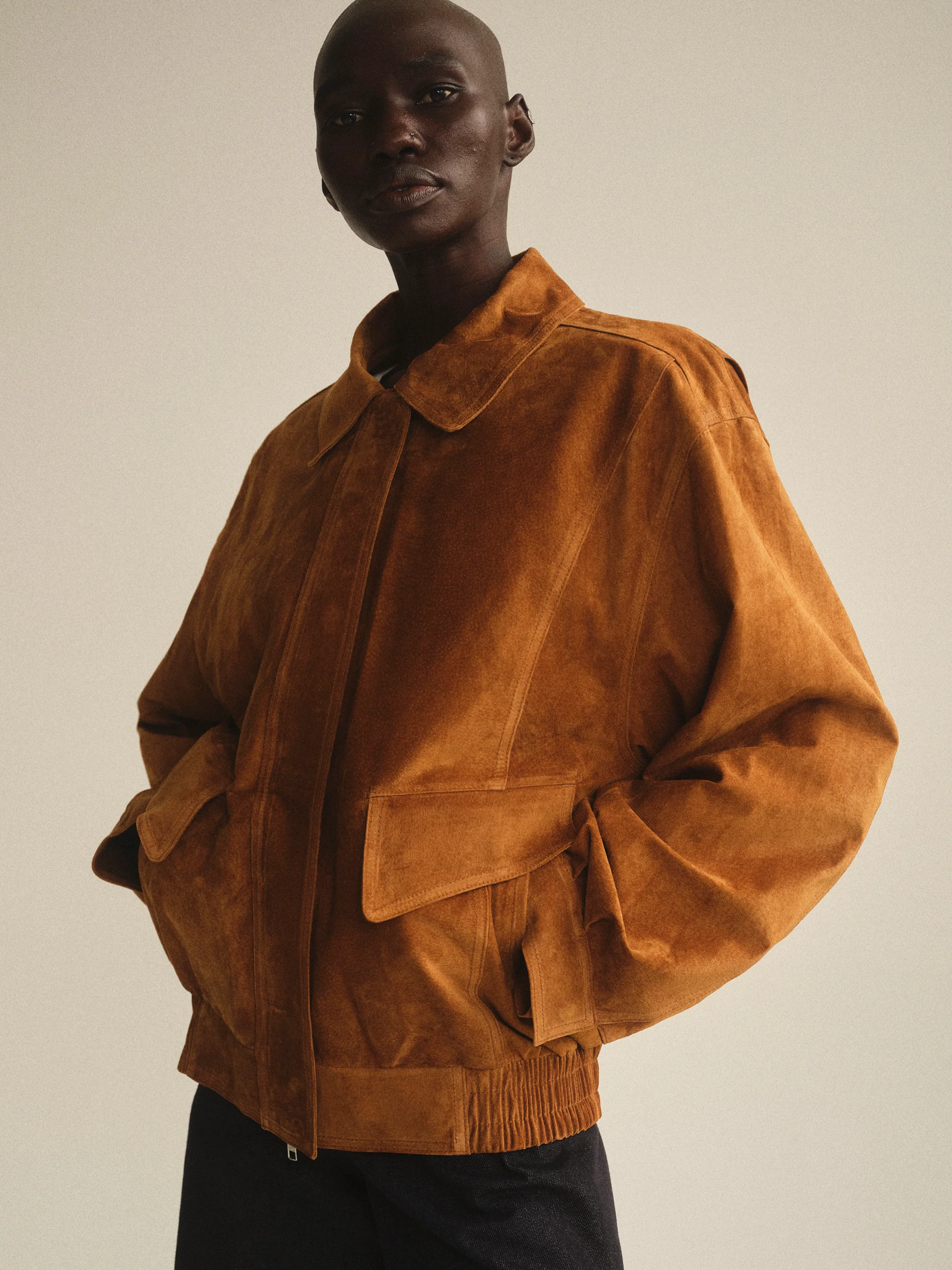 Suede Bomber Jacket, Cognac