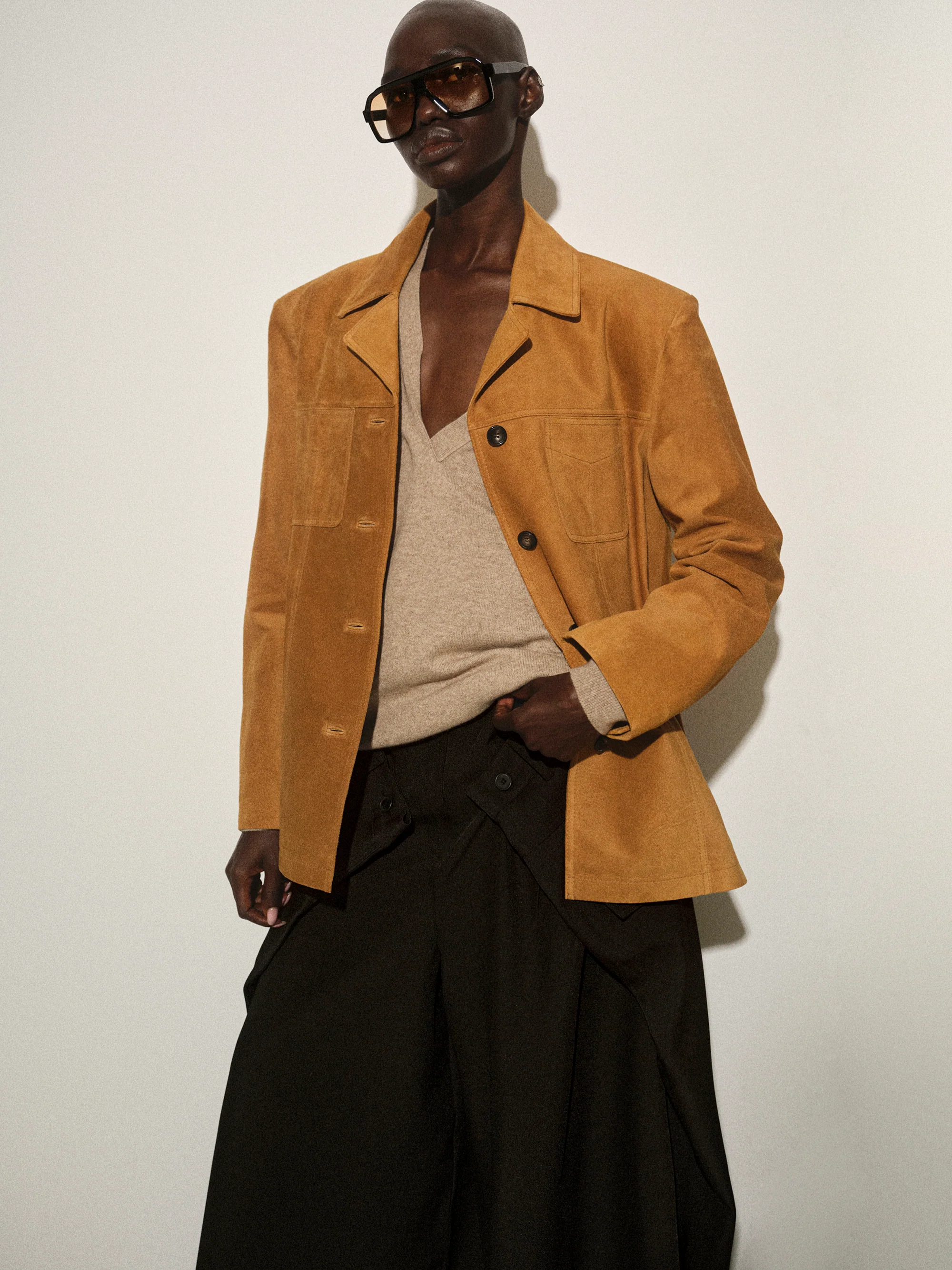 Suede Buttoned Blazer, Camel - Image 3