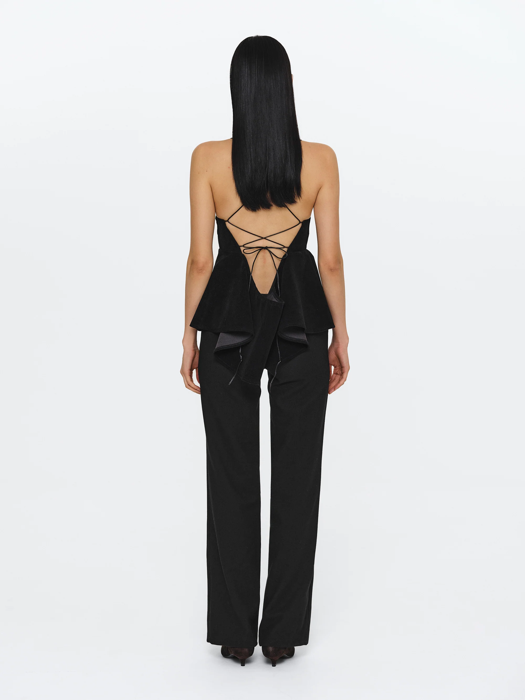 Suede Effect Peplum Strappy Top, Black - Image 2