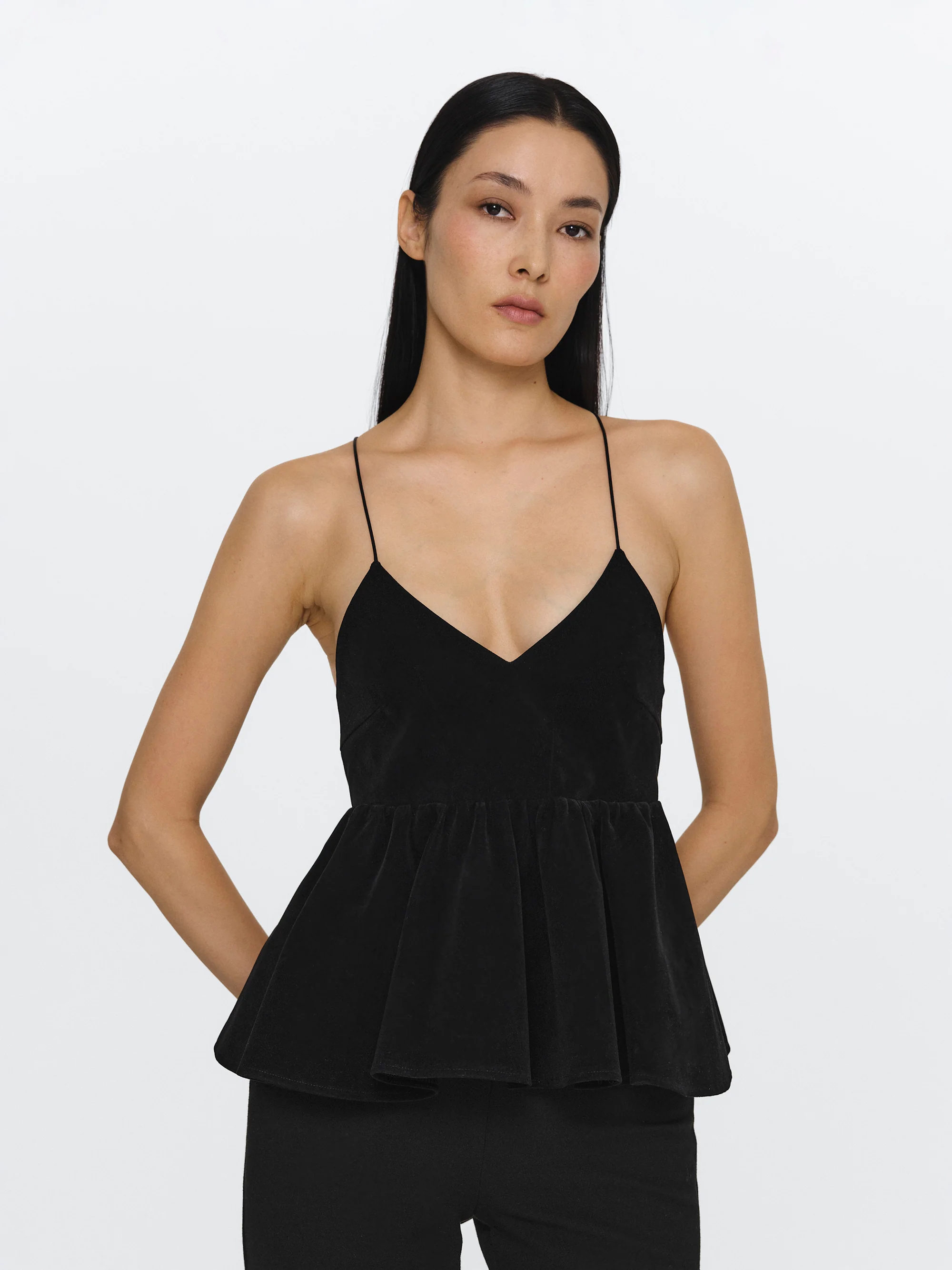 Suede Effect Peplum Strappy Top, Black - Image 3