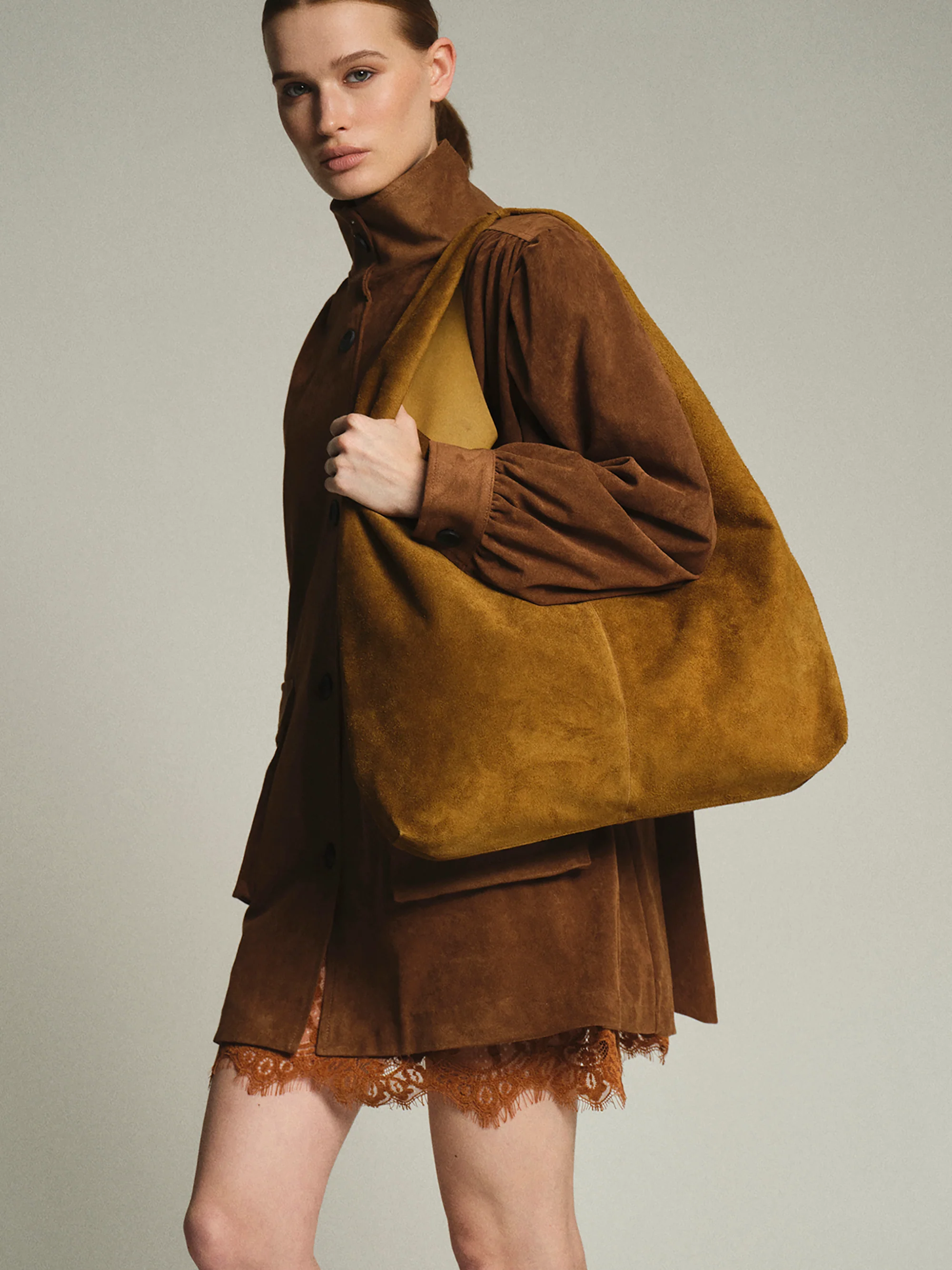 Suede Hobo Bag, Camel - Image 3