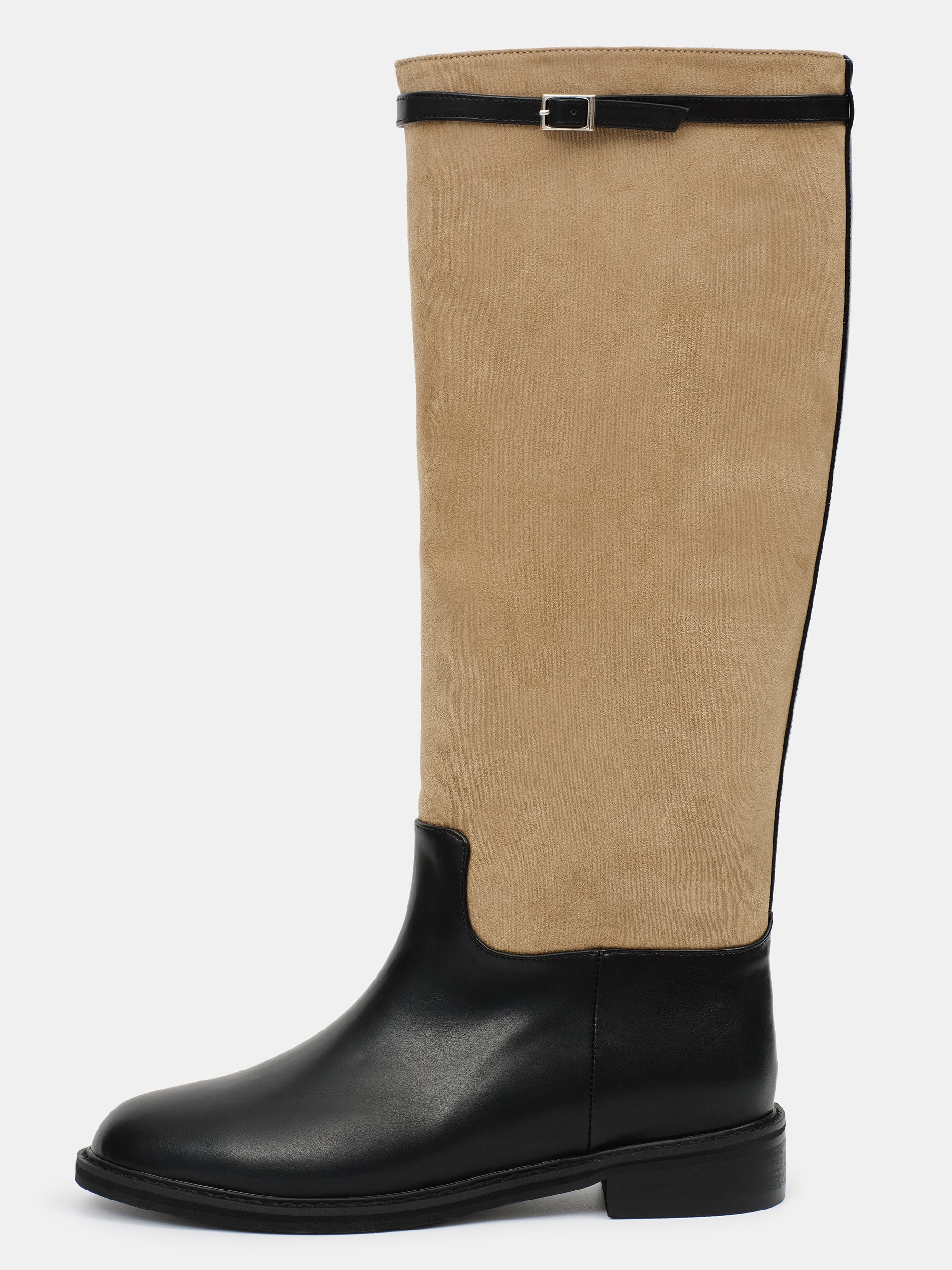 Suede Knee-High Buckle Boots, Beige - Image 2