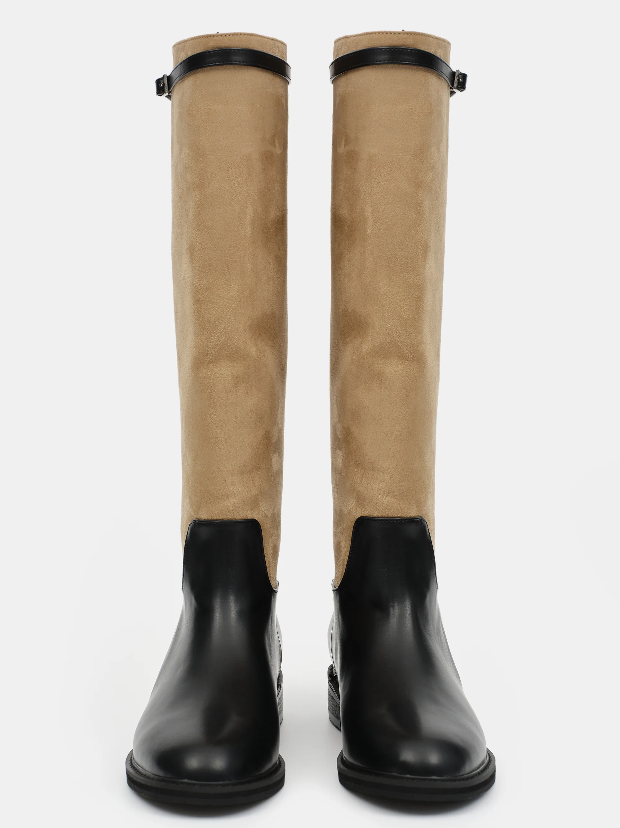 Suede Knee-High Buckle Boots, Beige - Image 3