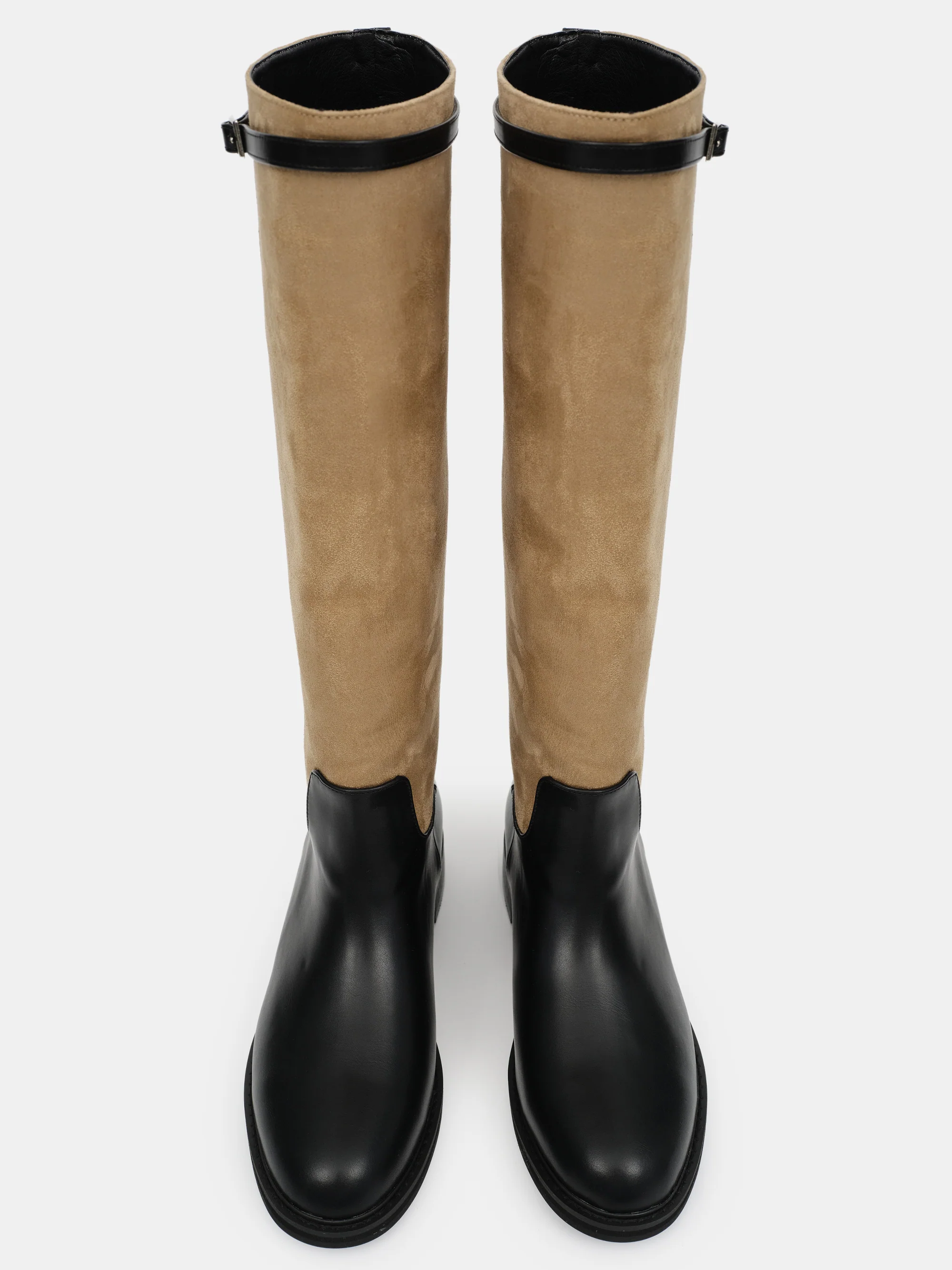 Suede Knee-High Buckle Boots, Beige - Image 4