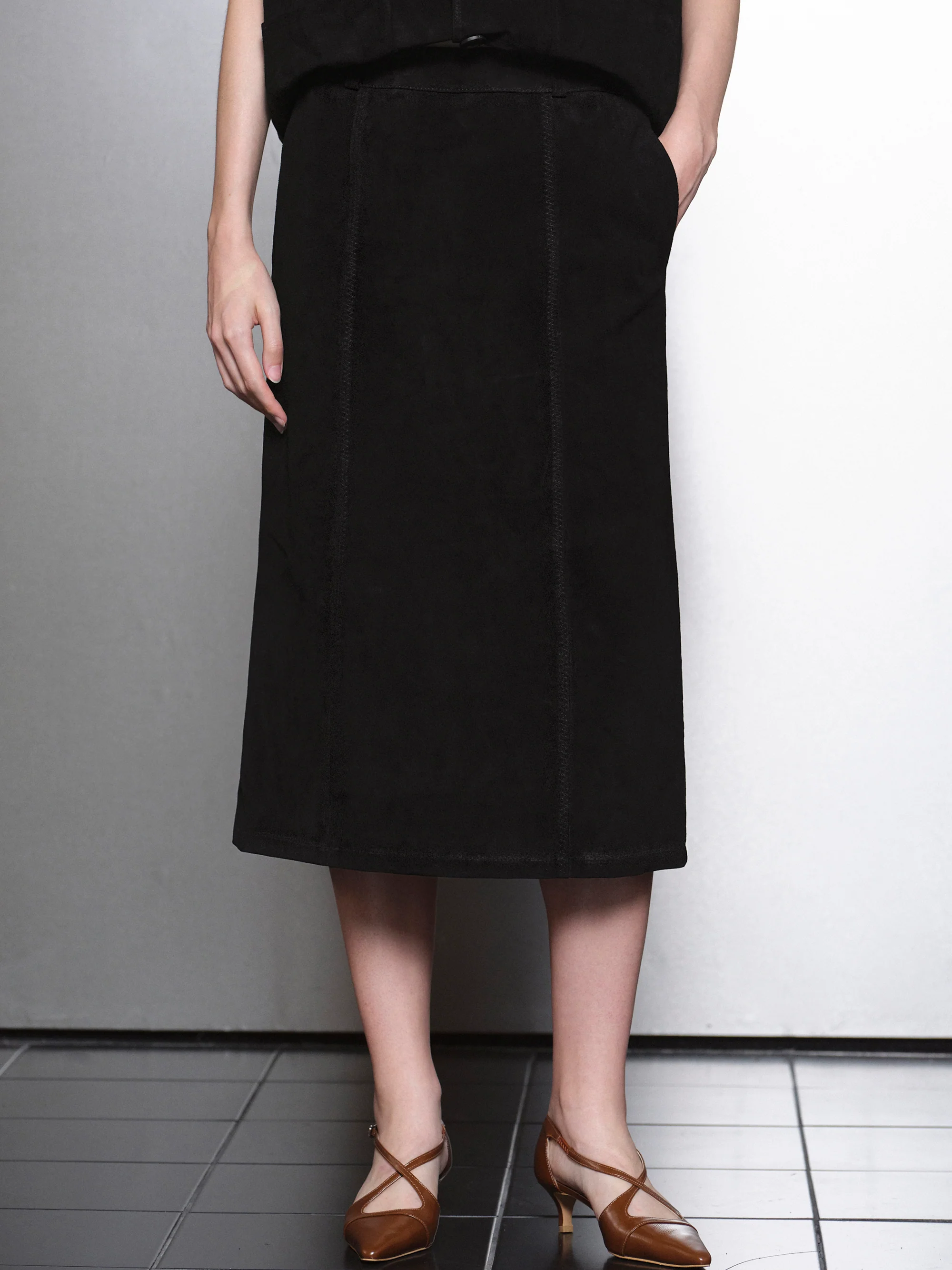 Lidiane Suede Midi Skirt, Black - Image 2