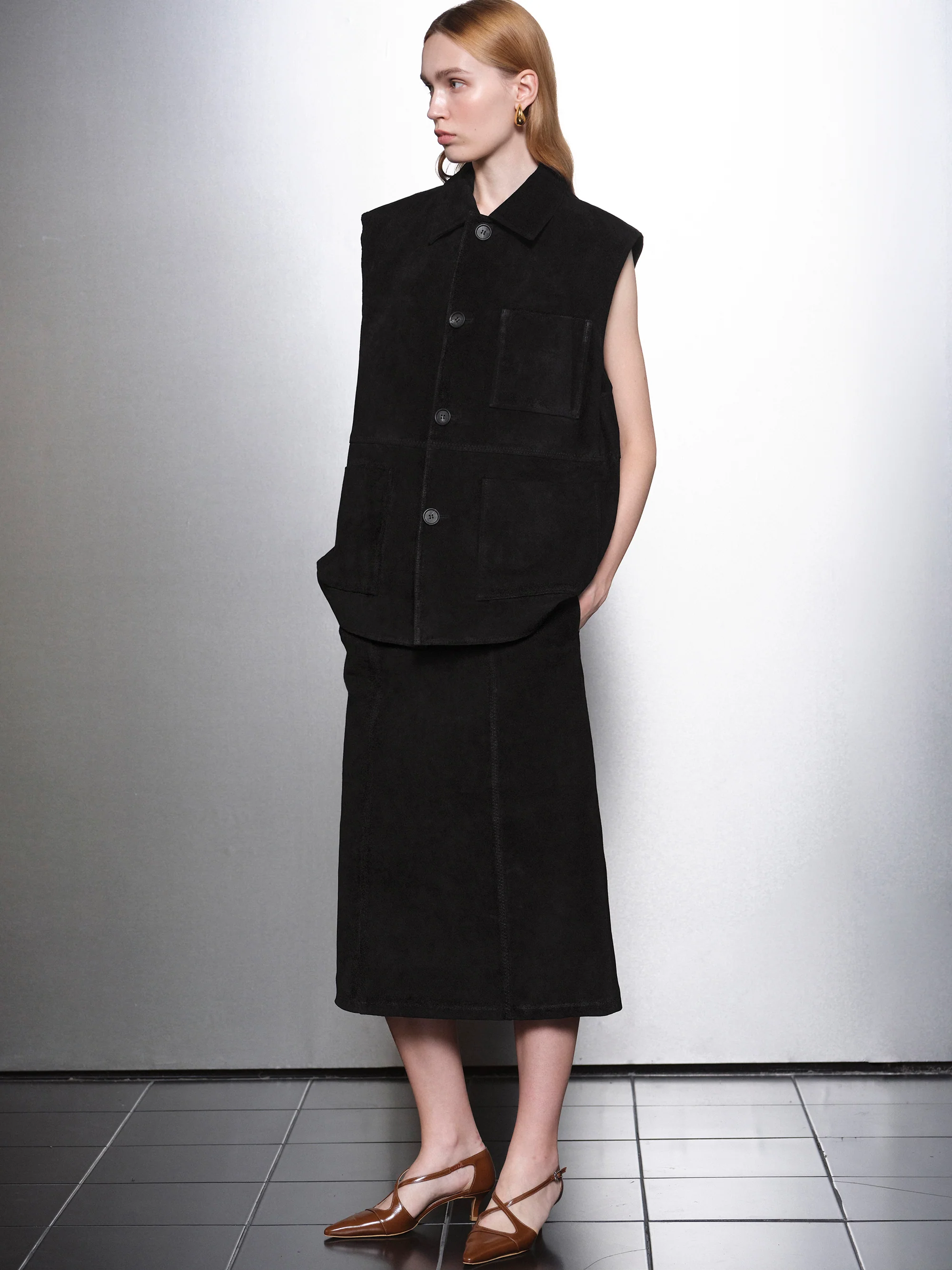 Lidiane Suede Midi Skirt, Black - Image 3