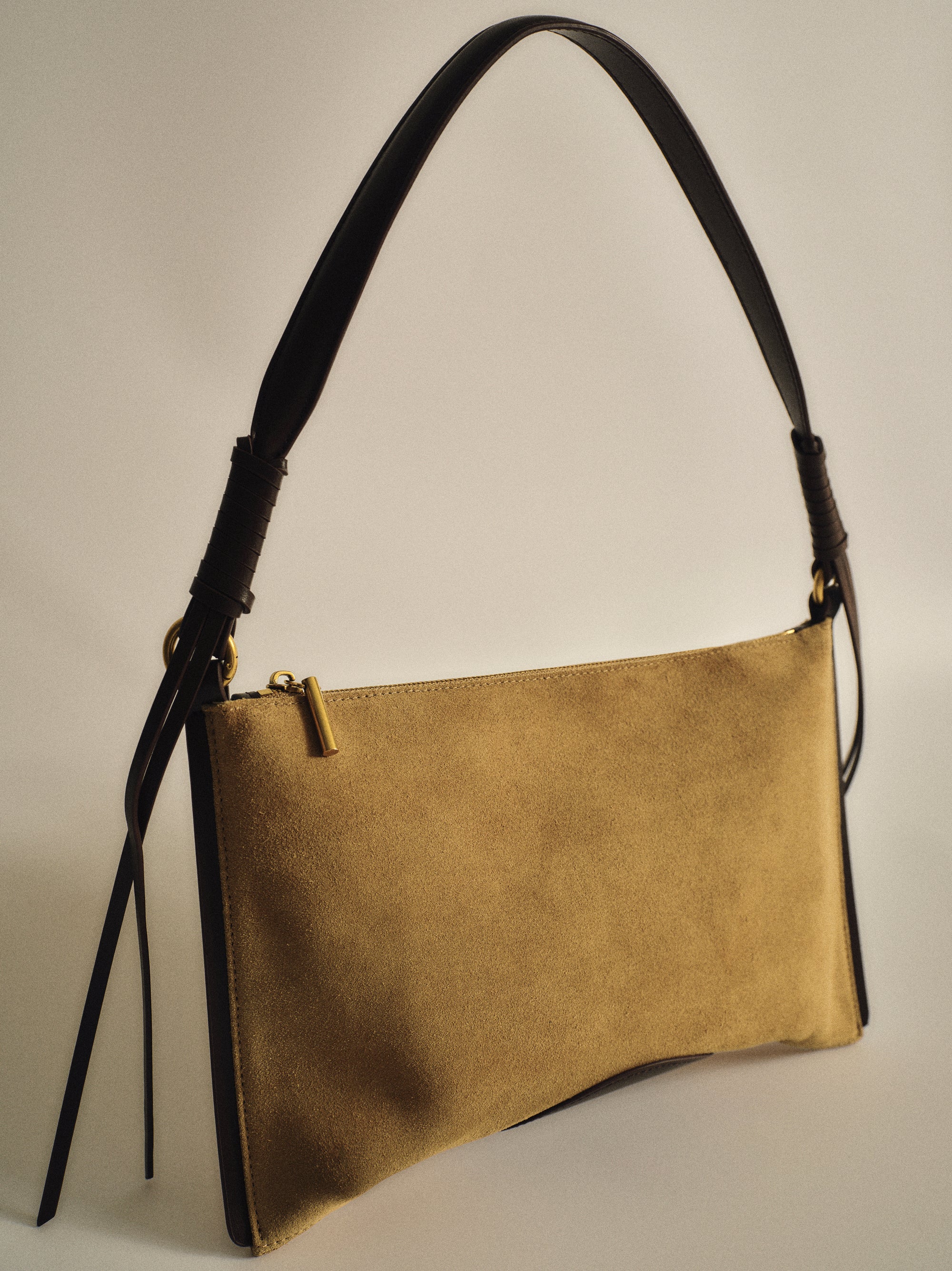 Suede Patch City Bag, Beige