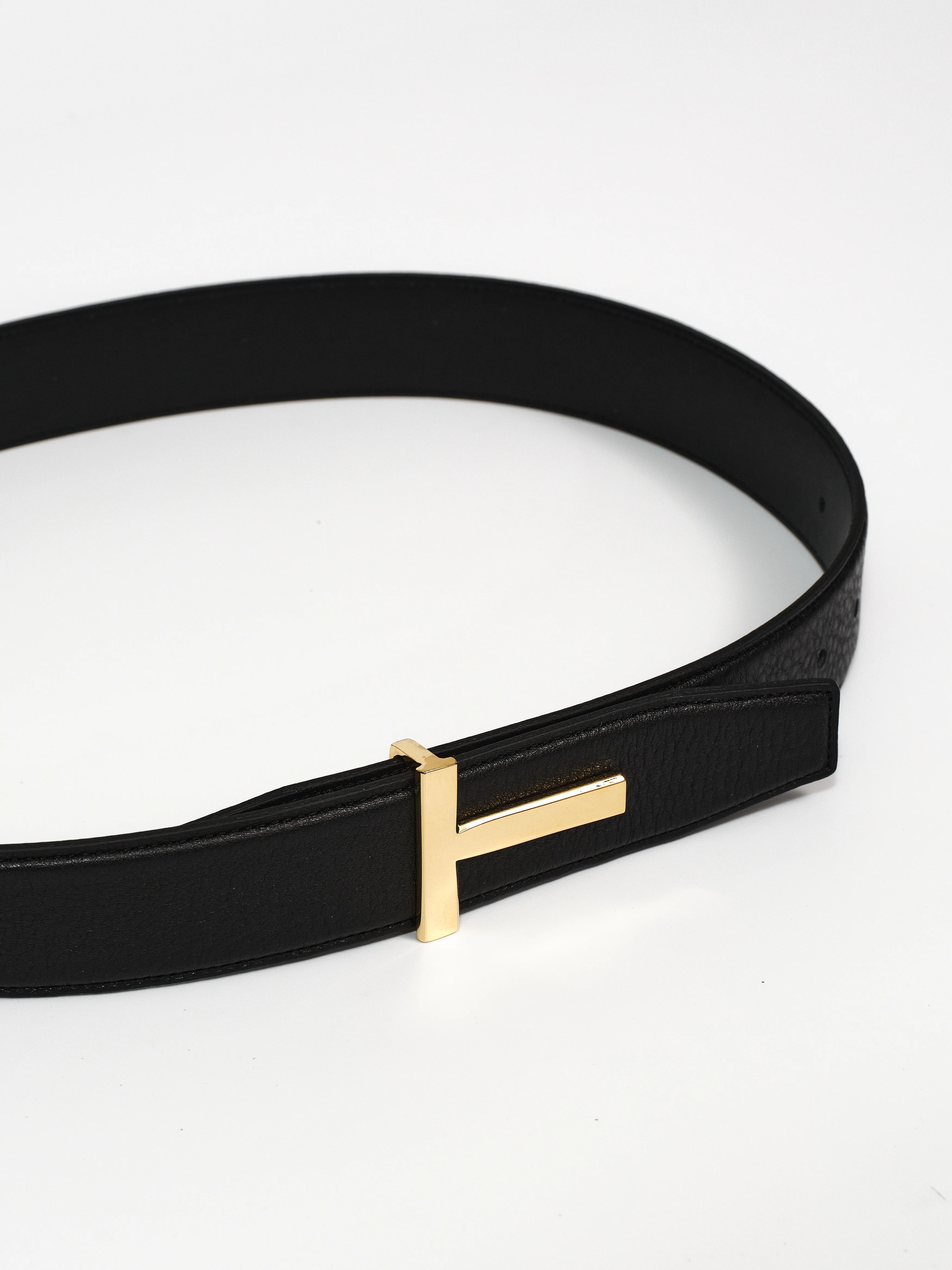 T-Buckle Leather Belt, Gold - Image 2