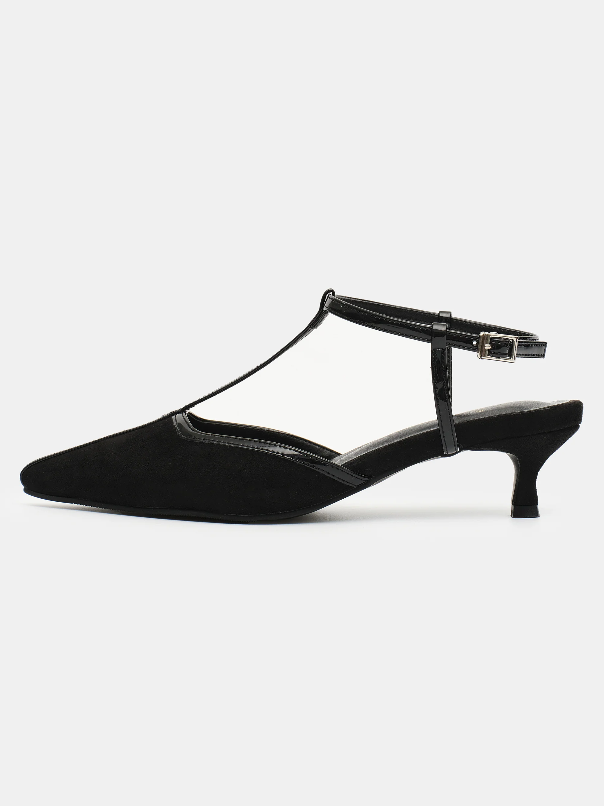T-Strap Suede Slingback Heels, Black