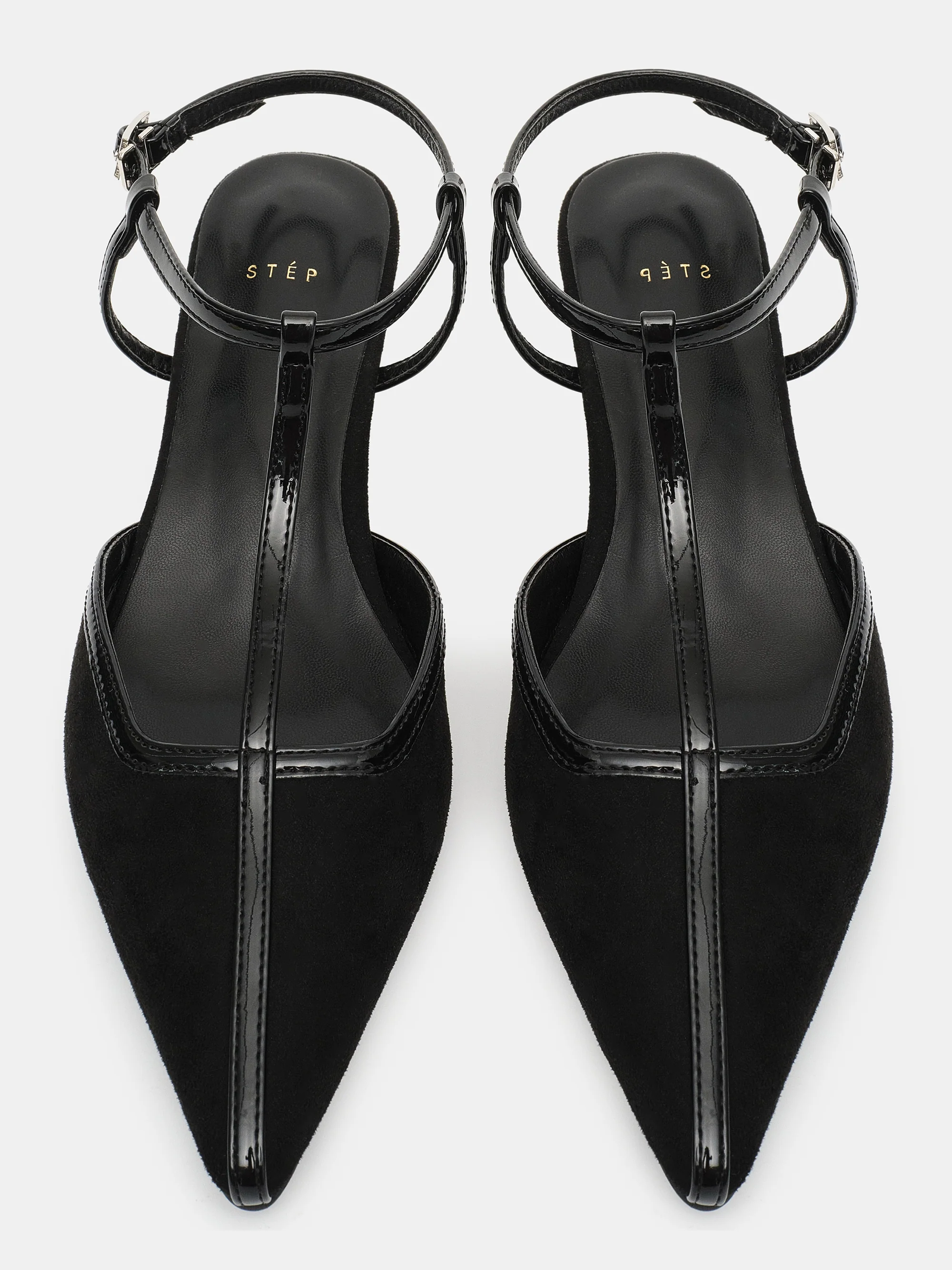 T-Strap Suede Slingback Heels, Black - Image 2