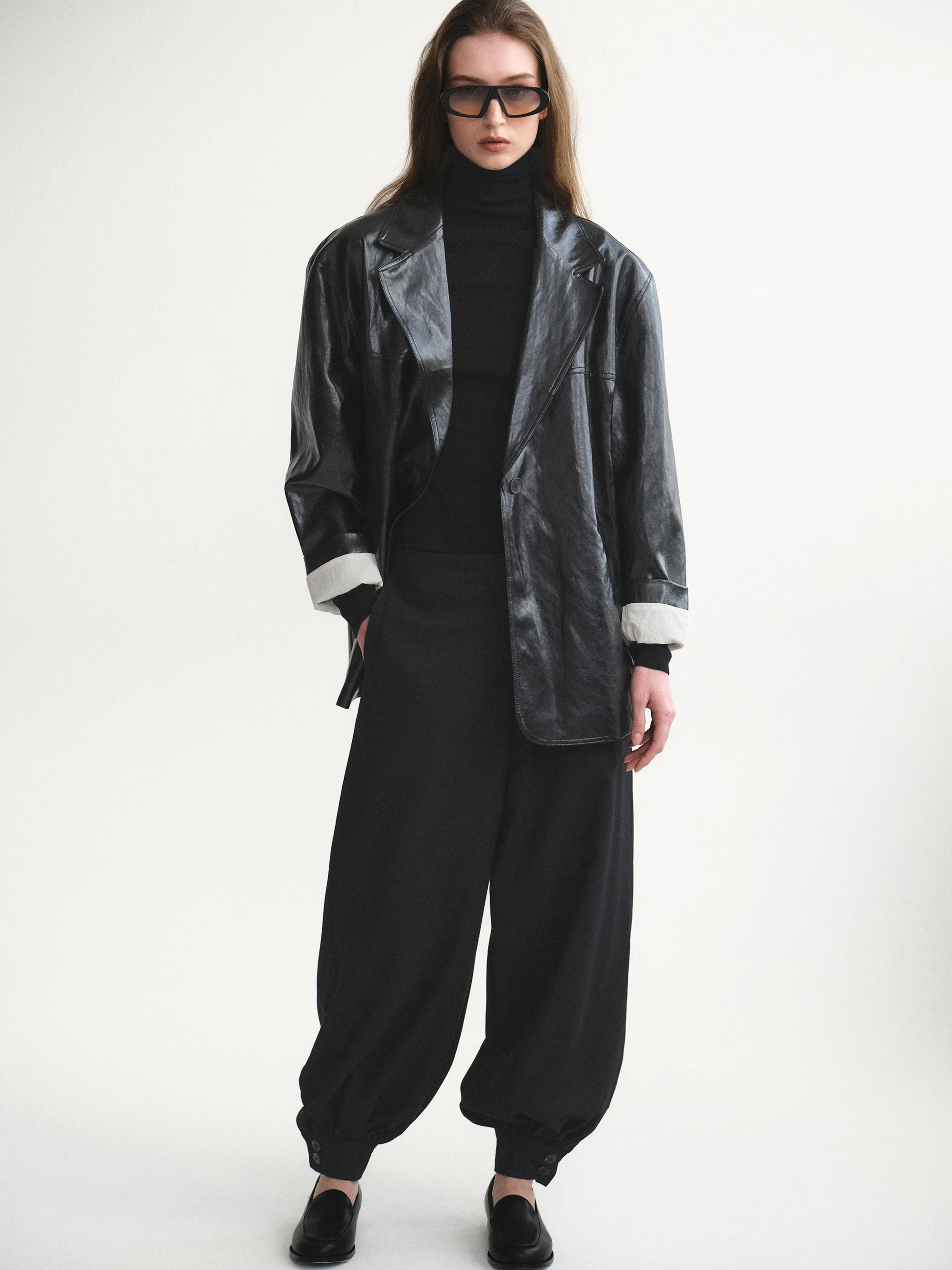 Tailored Faux-Leather Blazer, Black