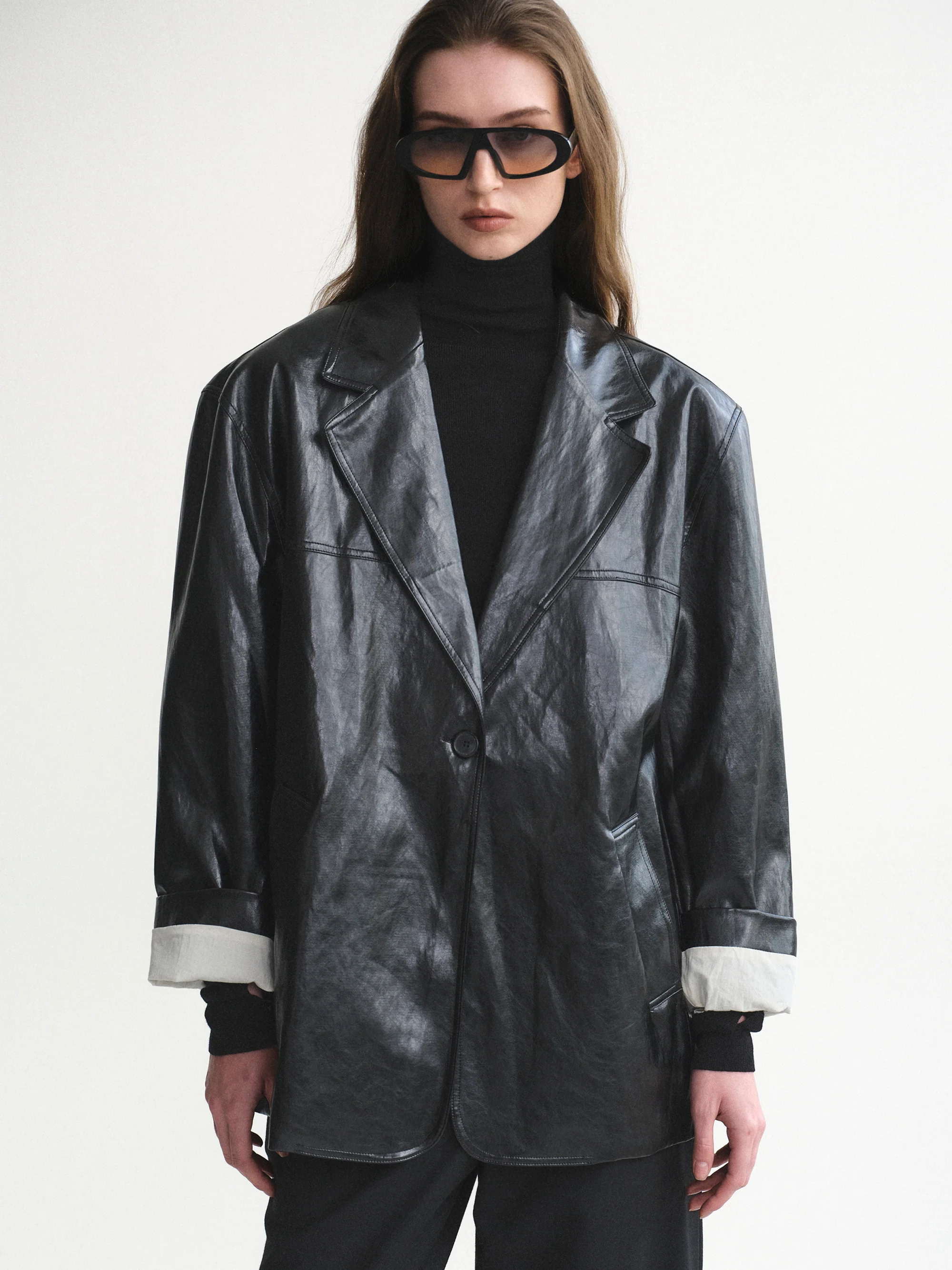 Tailored Faux-Leather Blazer, Black - Image 2