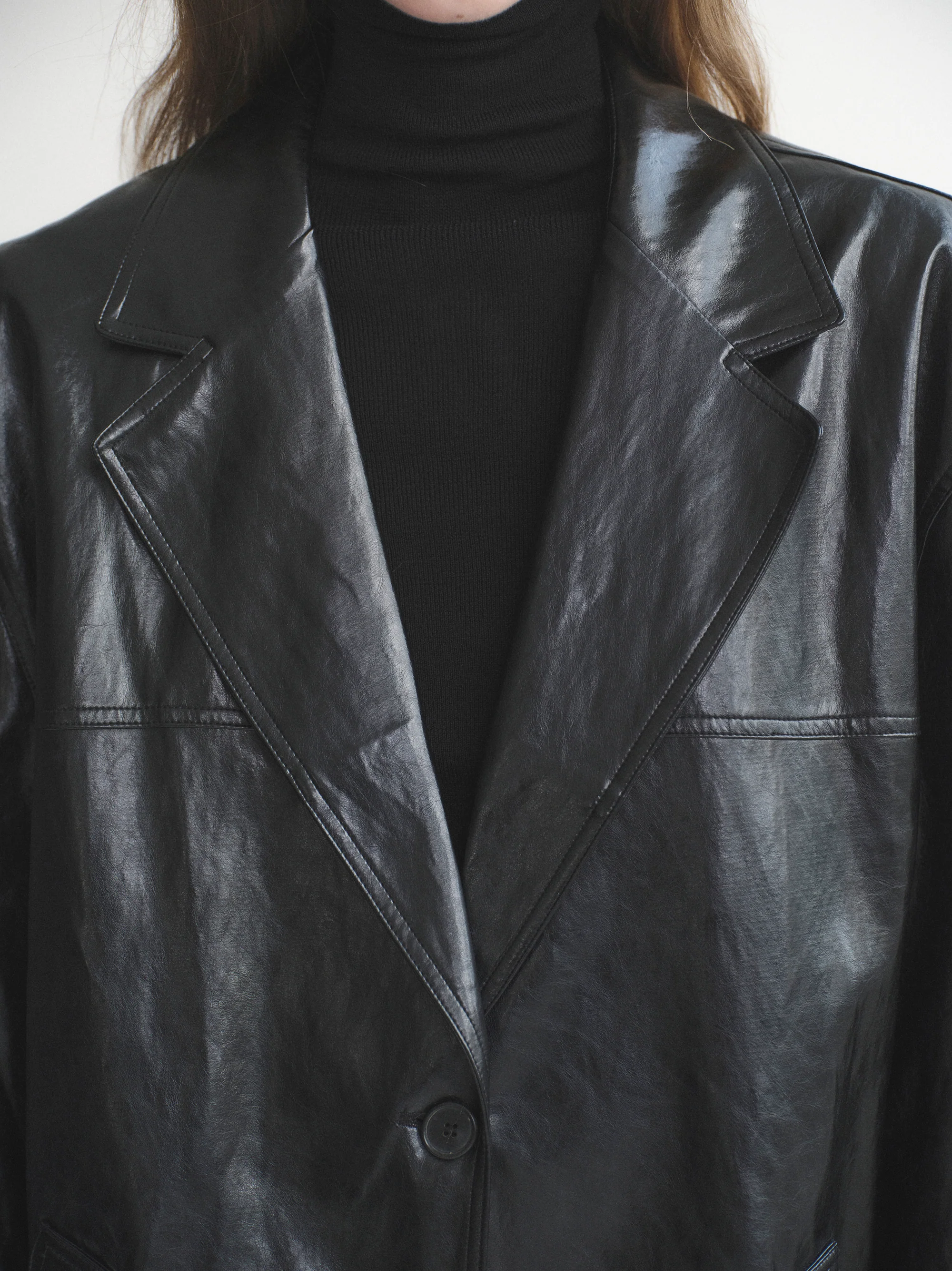 Tailored Faux-Leather Blazer, Black - Image 3
