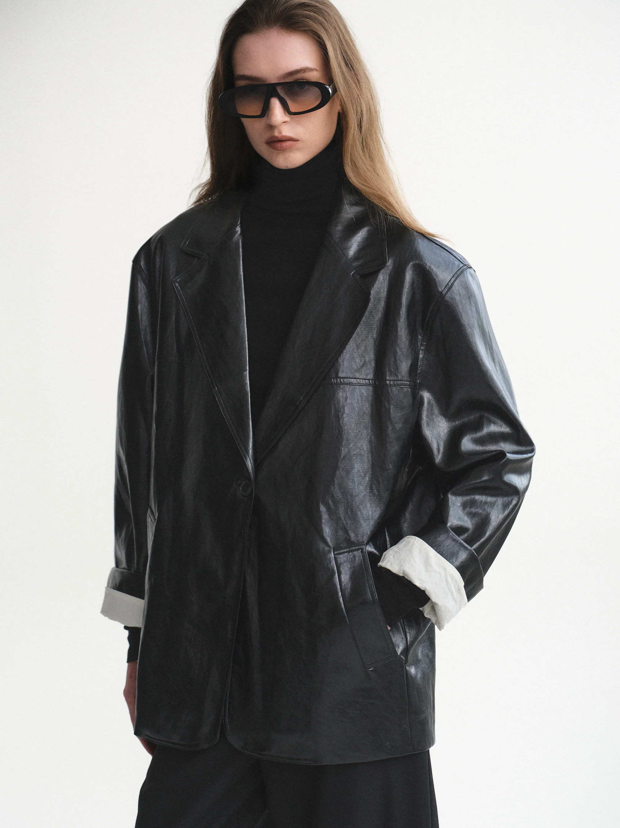 Tailored Faux-Leather Blazer, Black - Image 4