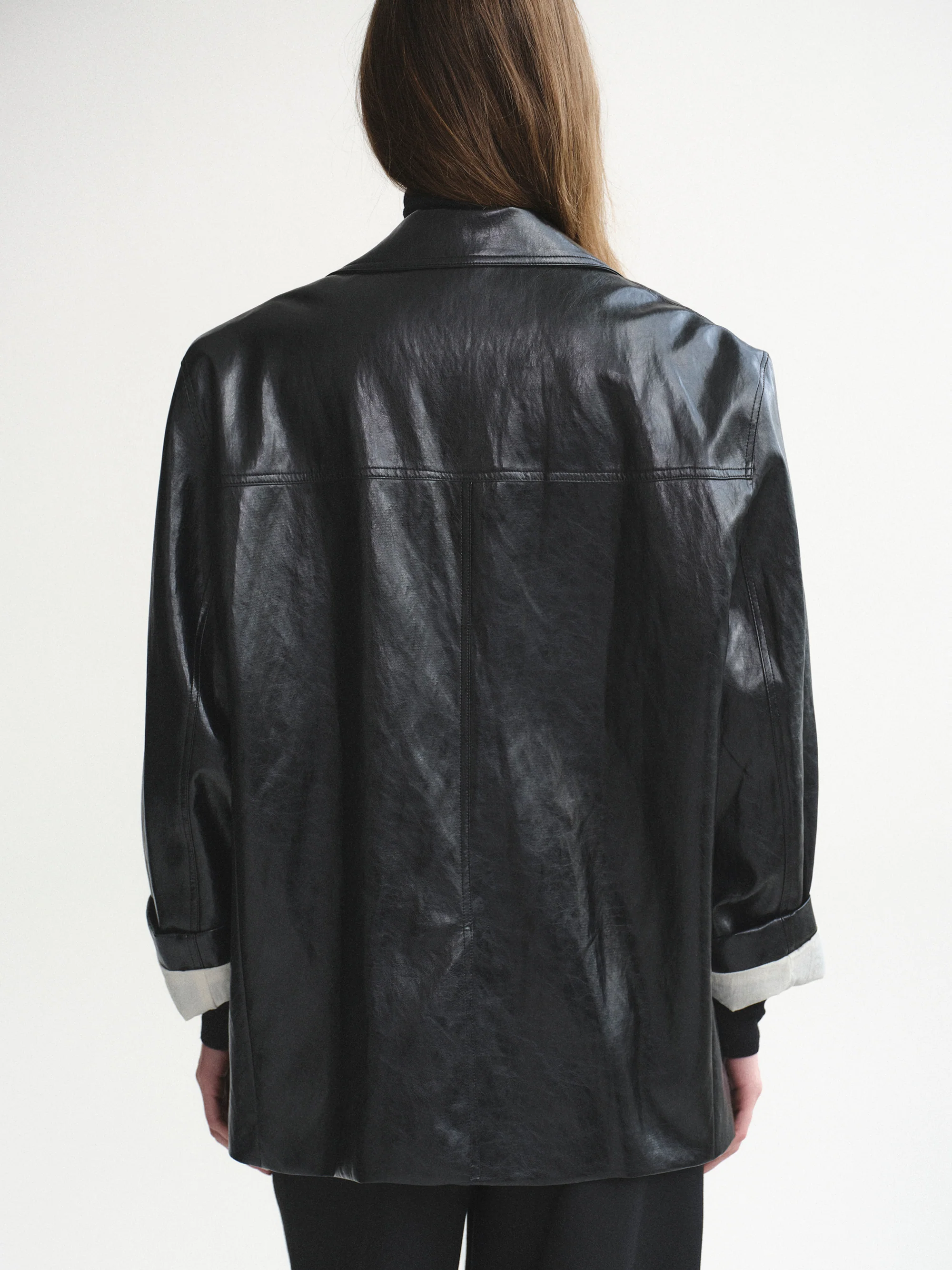 Tailored Faux-Leather Blazer, Black - Image 5
