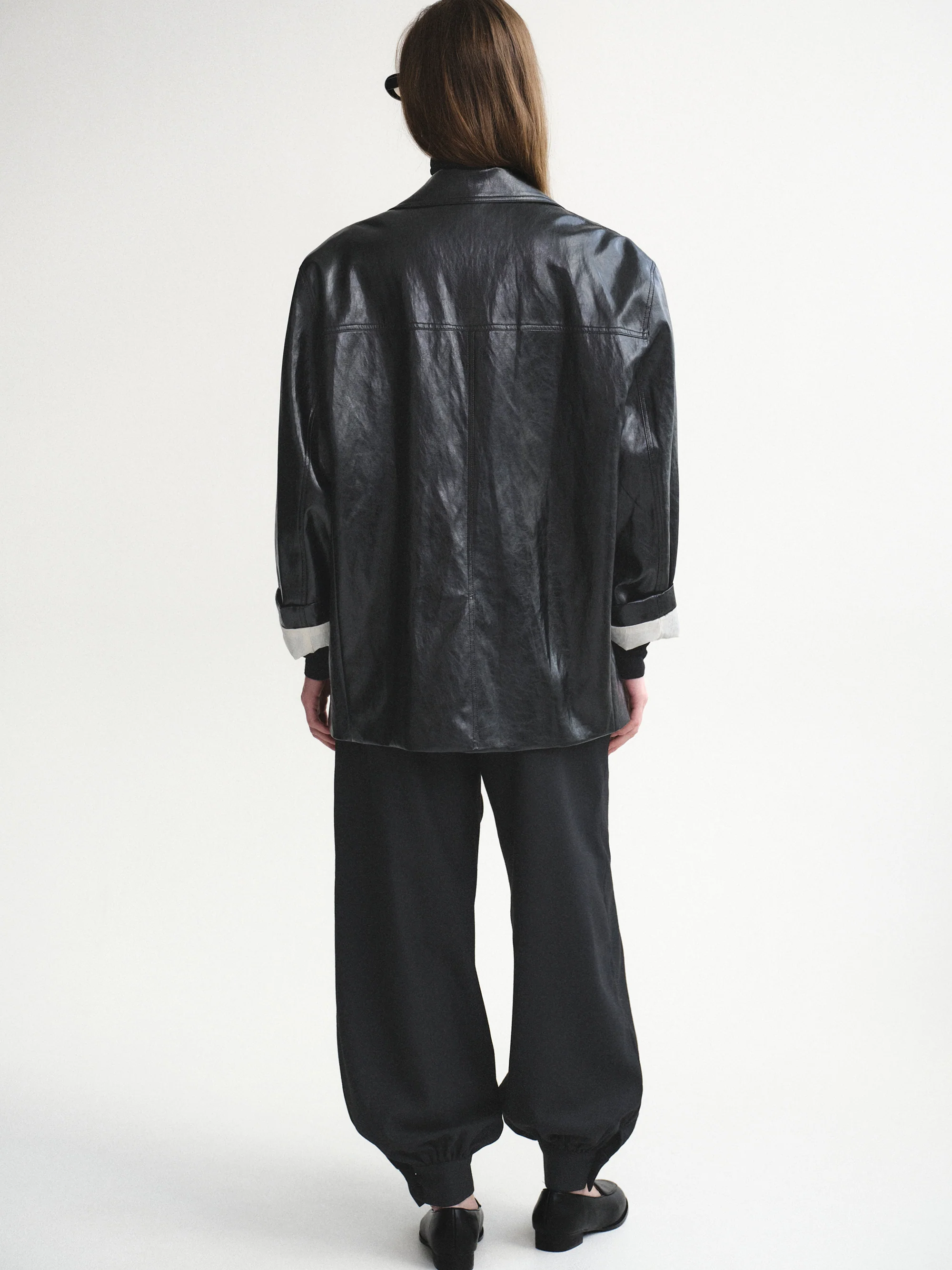 Tailored Faux-Leather Blazer, Black - Image 6