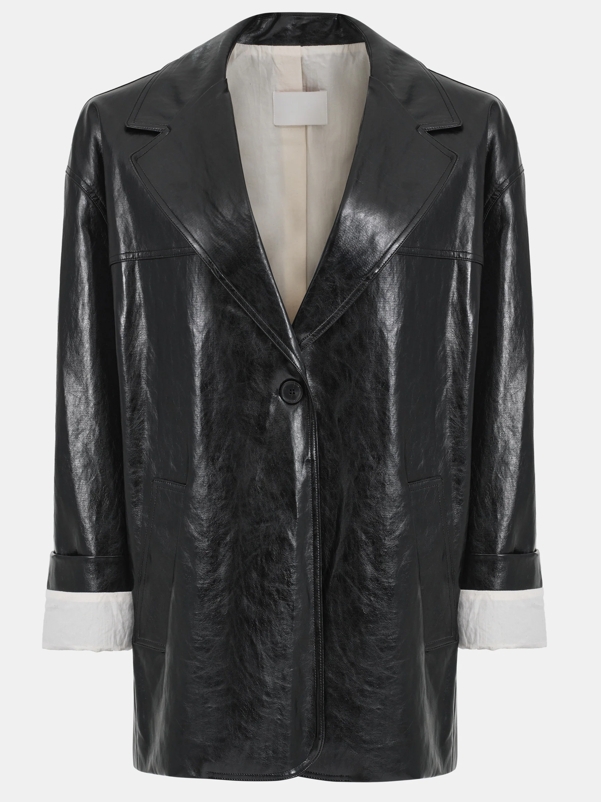 Tailored Faux-Leather Blazer, Black - Image 7