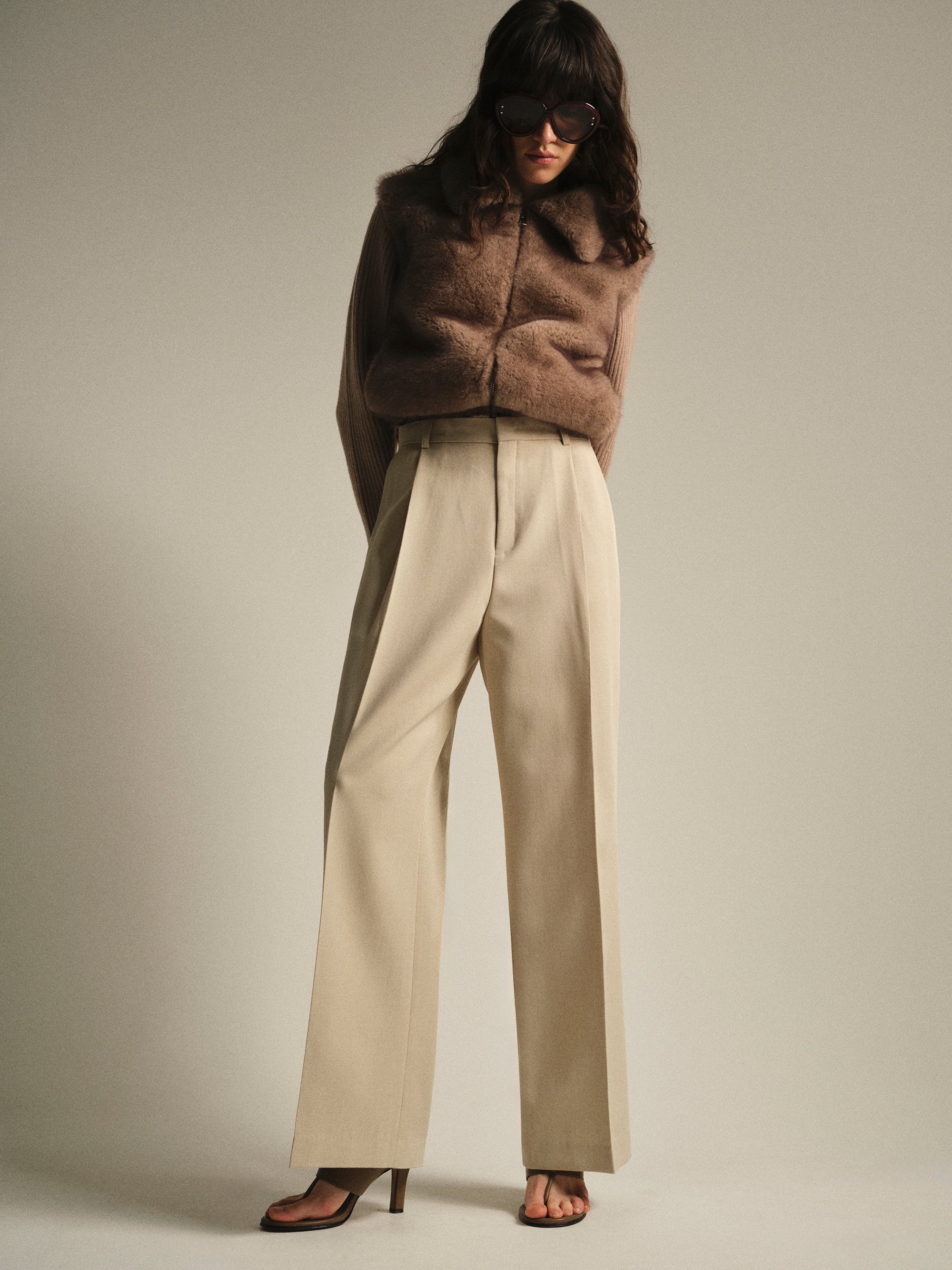 Tailored Single-Pleat Trousers, Beige