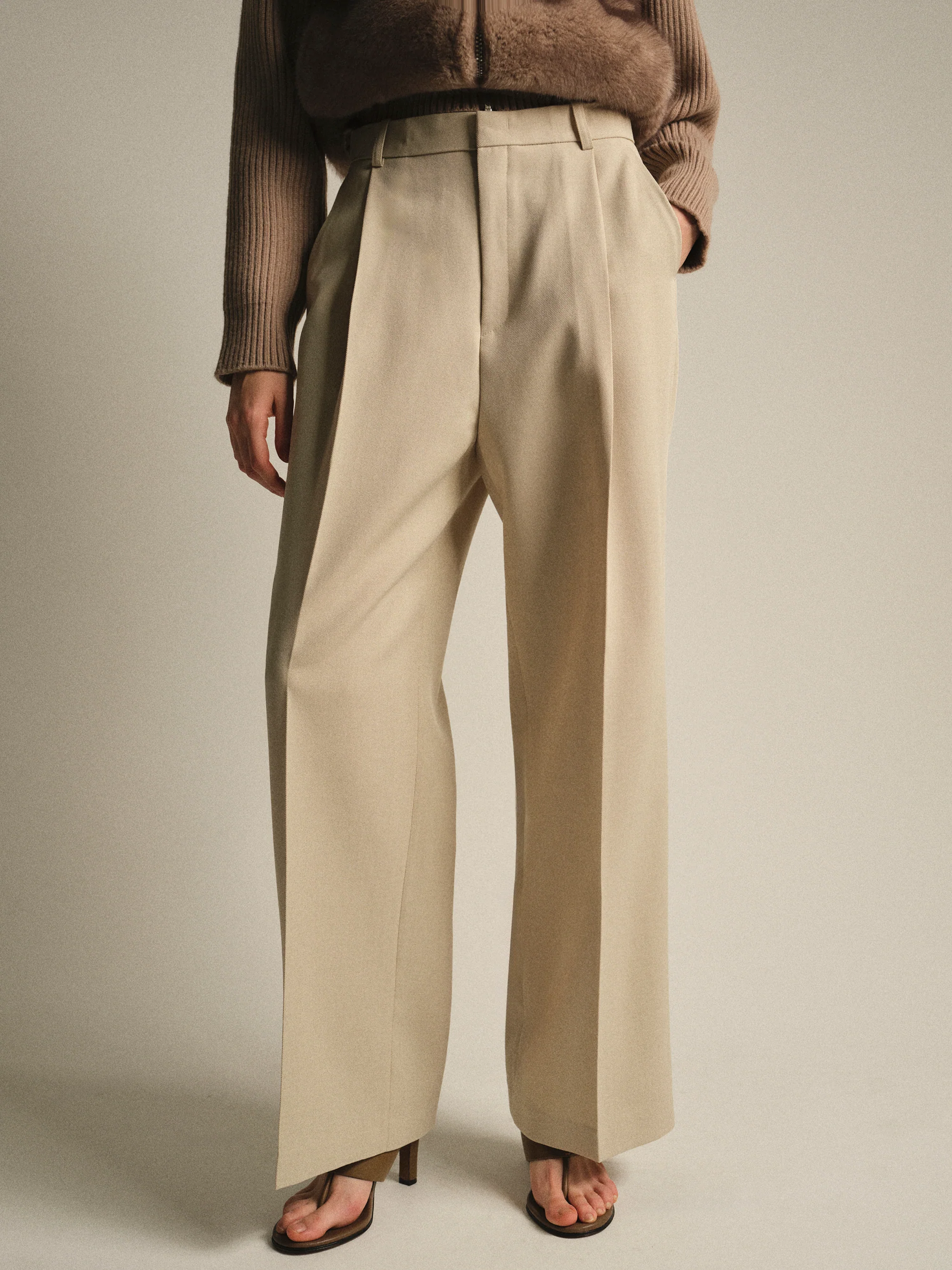 Tailored Single-Pleat Trousers, Beige - Image 2