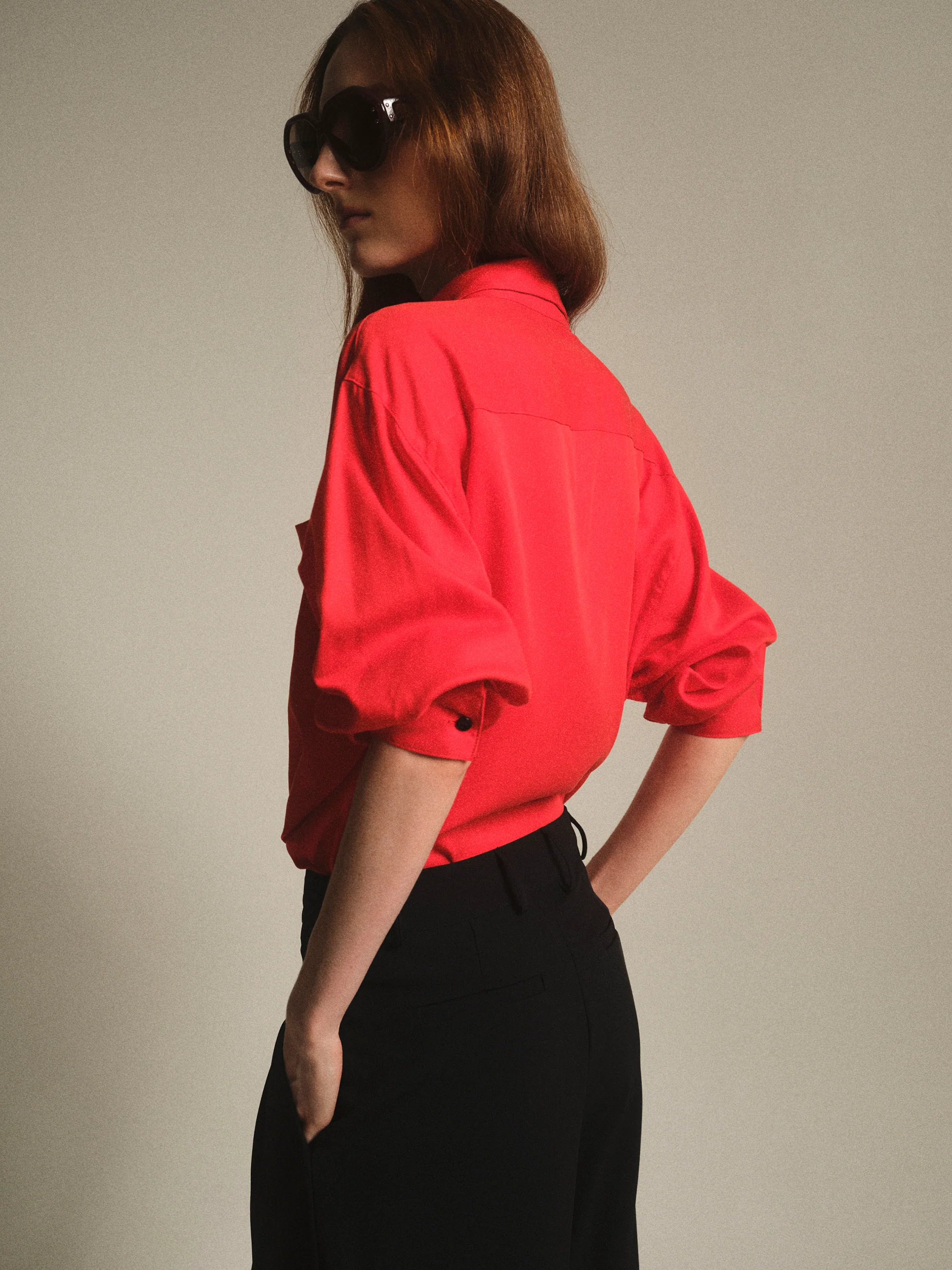 Tencel Button Down Shirt, Red - Image 3
