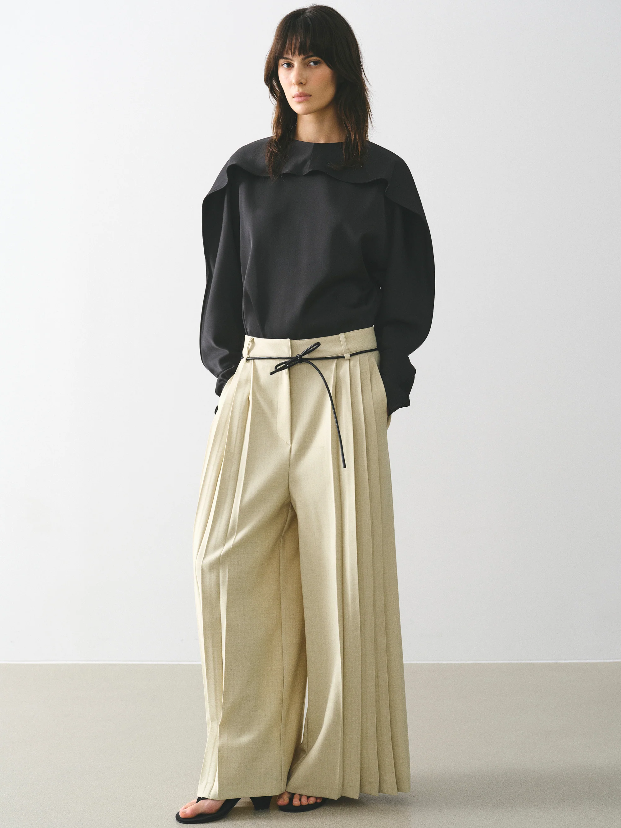 Tie-Belt Pleated Trousers, Beige