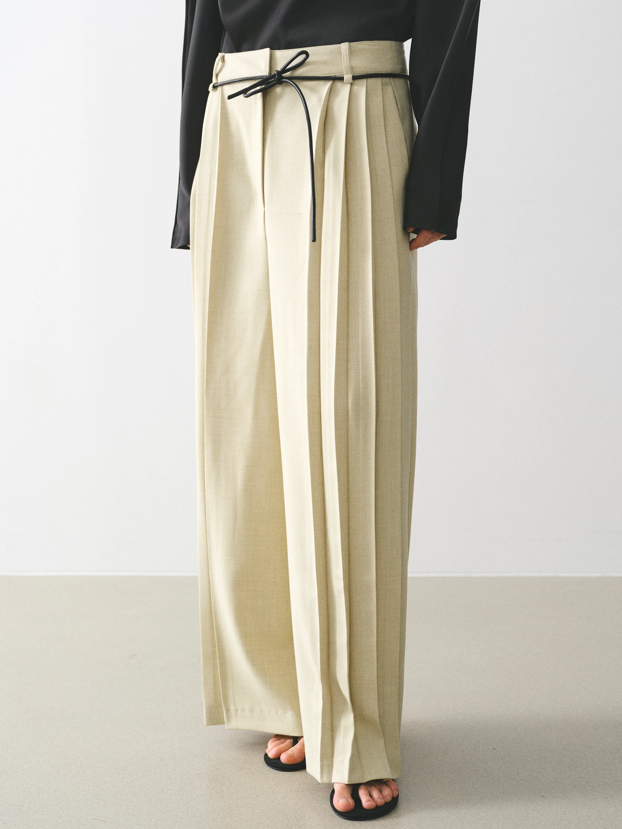 Tie-Belt Pleated Trousers, Beige - Image 2