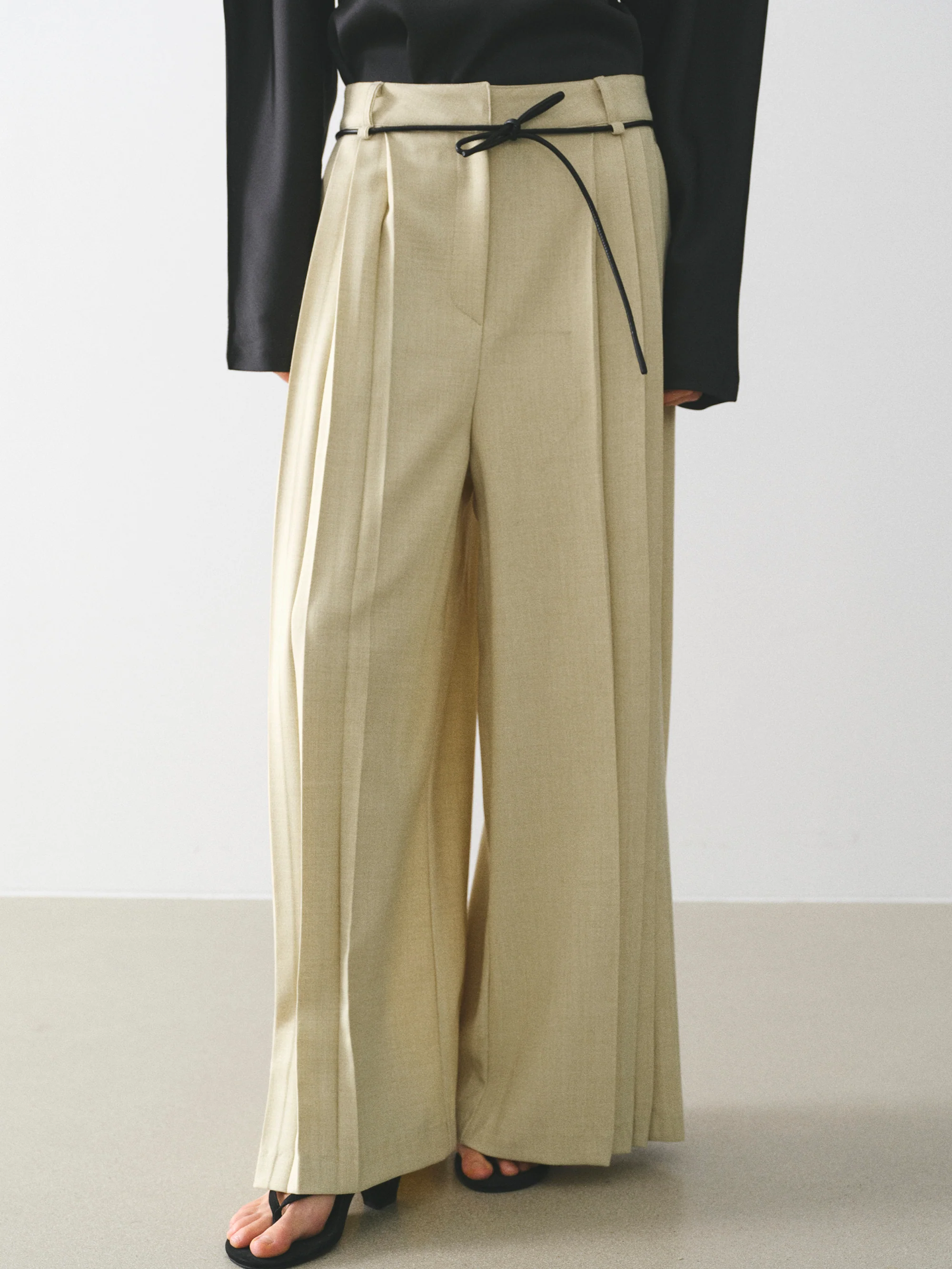 Tie-Belt Pleated Trousers, Beige - Image 3
