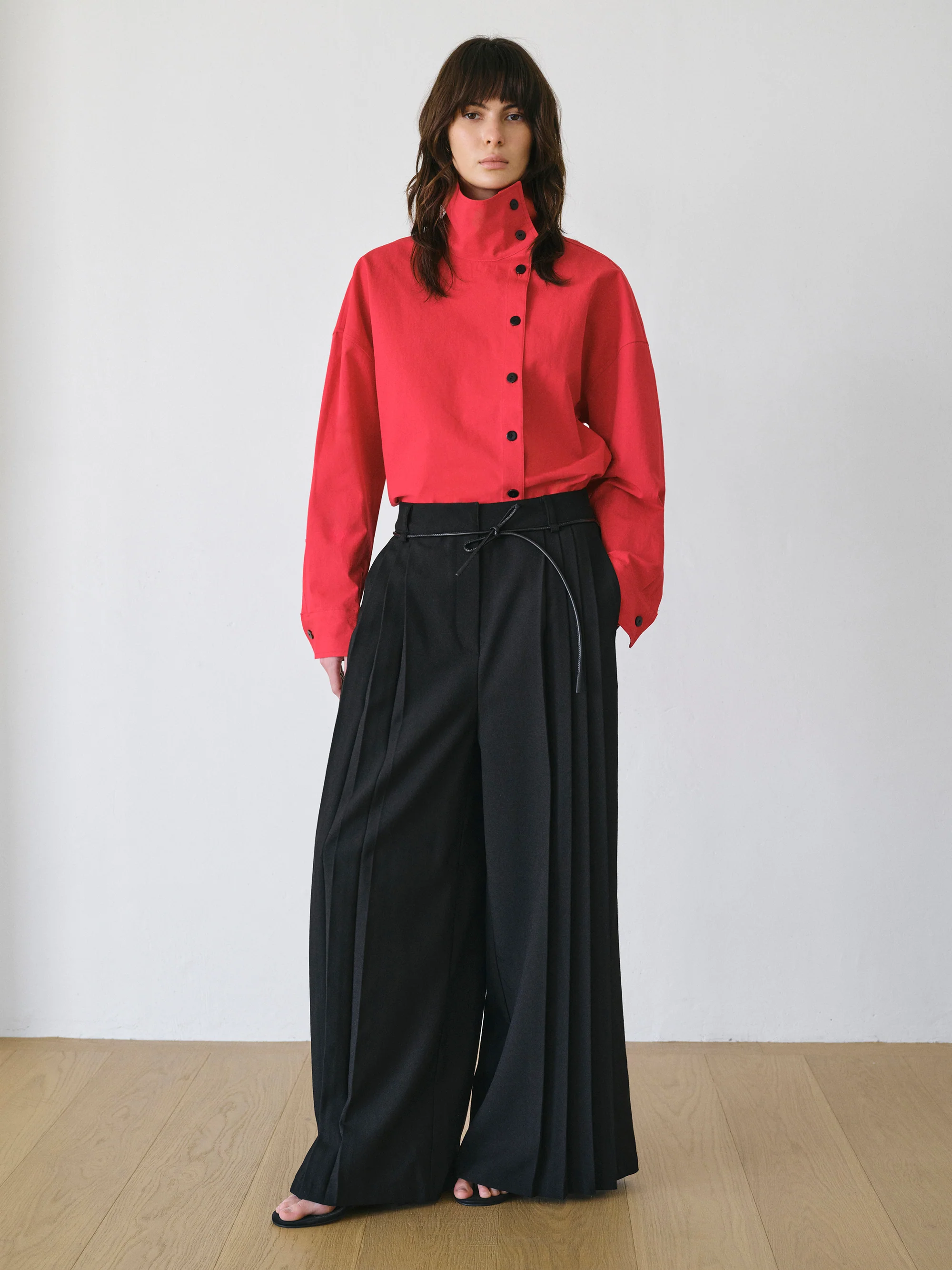 Tie-Belt Pleated Trousers, Black - Image 2