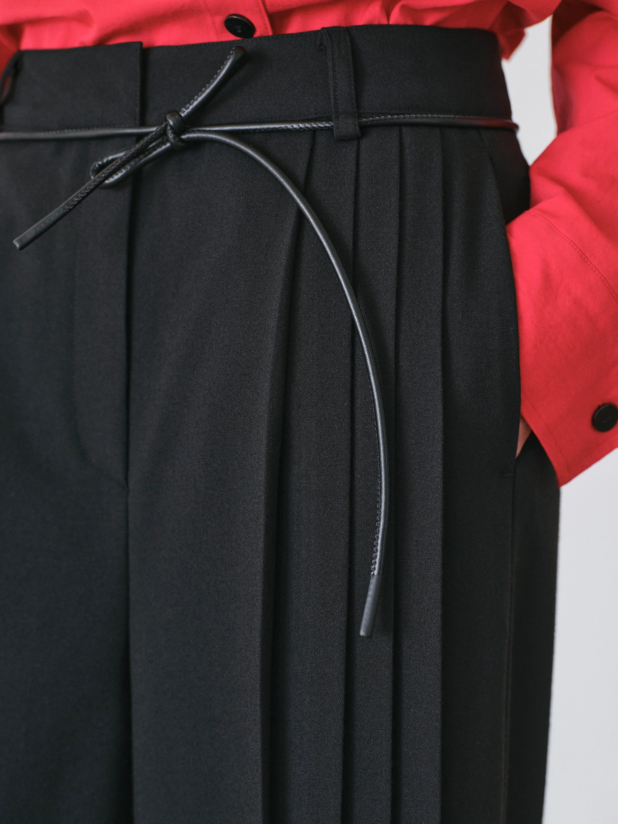 Tie-Belt Pleated Trousers, Black - Image 3