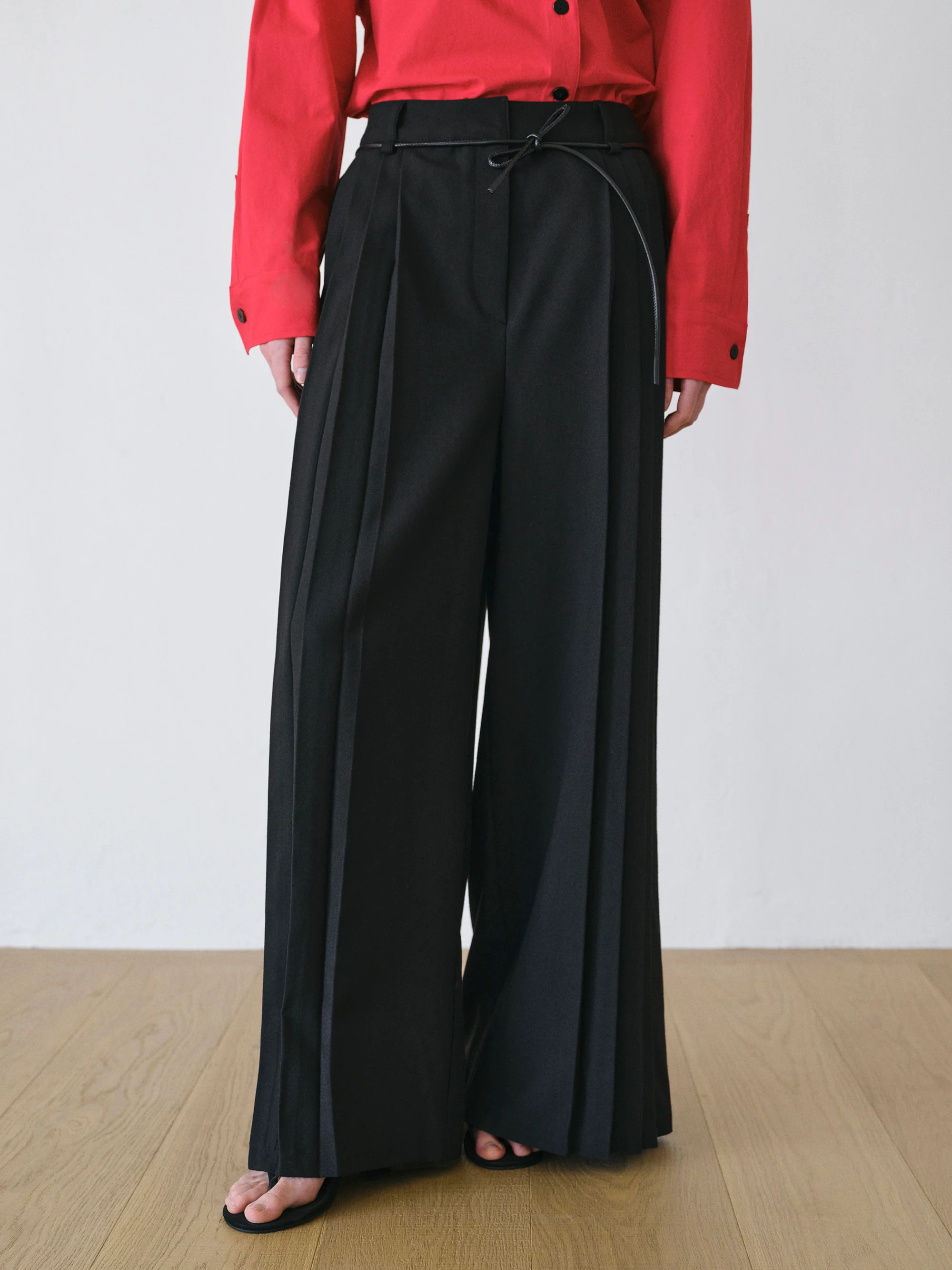 Tie-Belt Pleated Trousers, Black - Image 4