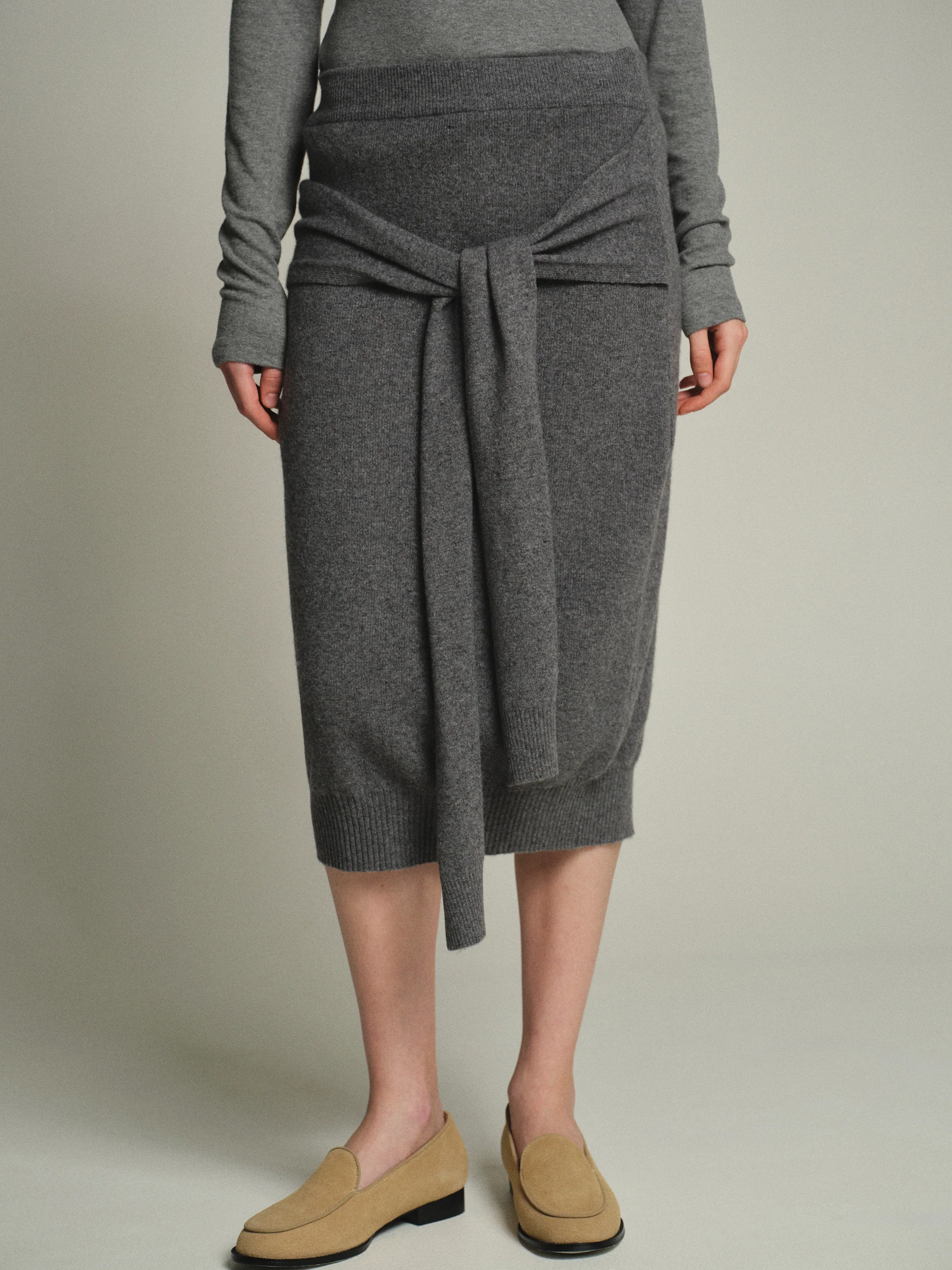 Tie-Front Knit Skirt, Grey
