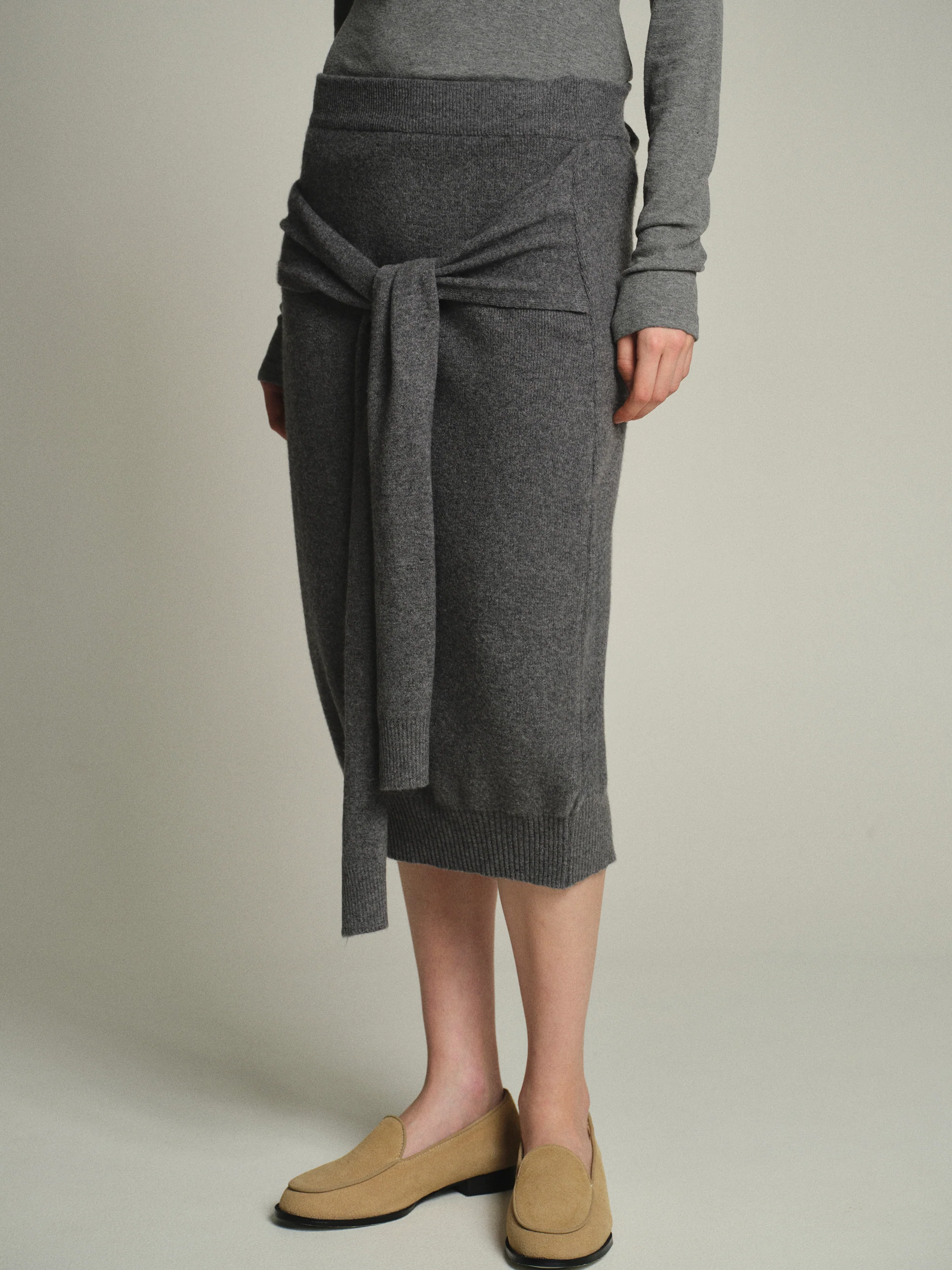 Tie-Front Knit Skirt, Grey - Image 2