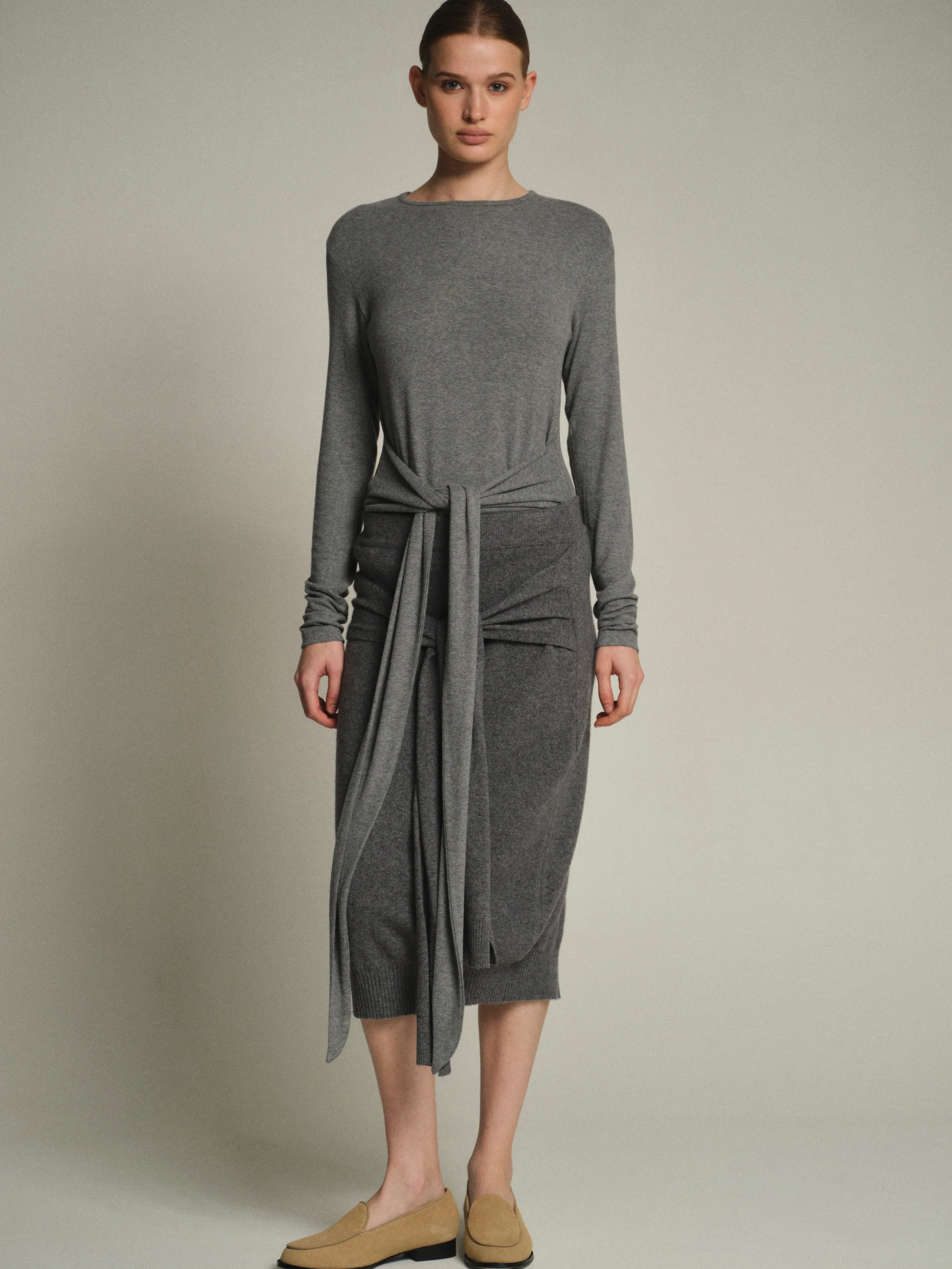 Tie-Front Knit Skirt, Grey - Image 3